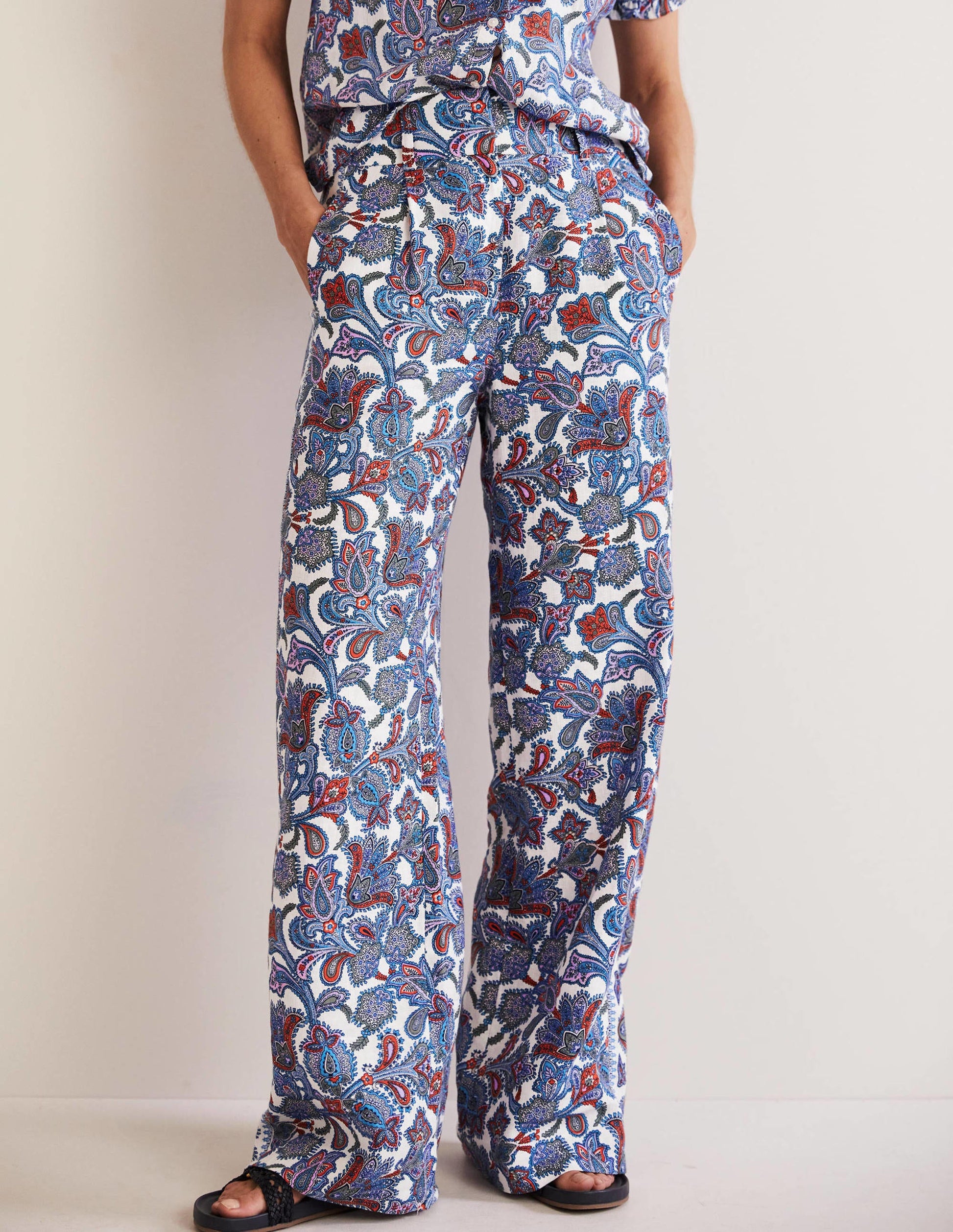 Wide Leg Linen Trousers-Multi, Paisley Bud-4