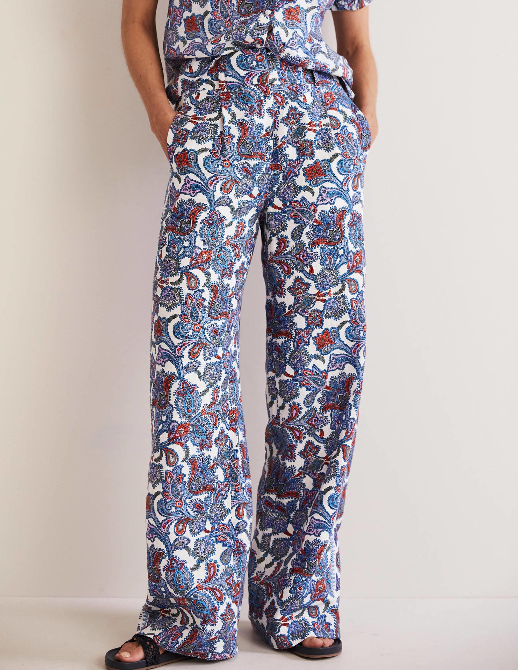 Wide Leg Linen Trousers-Multi, Paisley Bud - Image 4