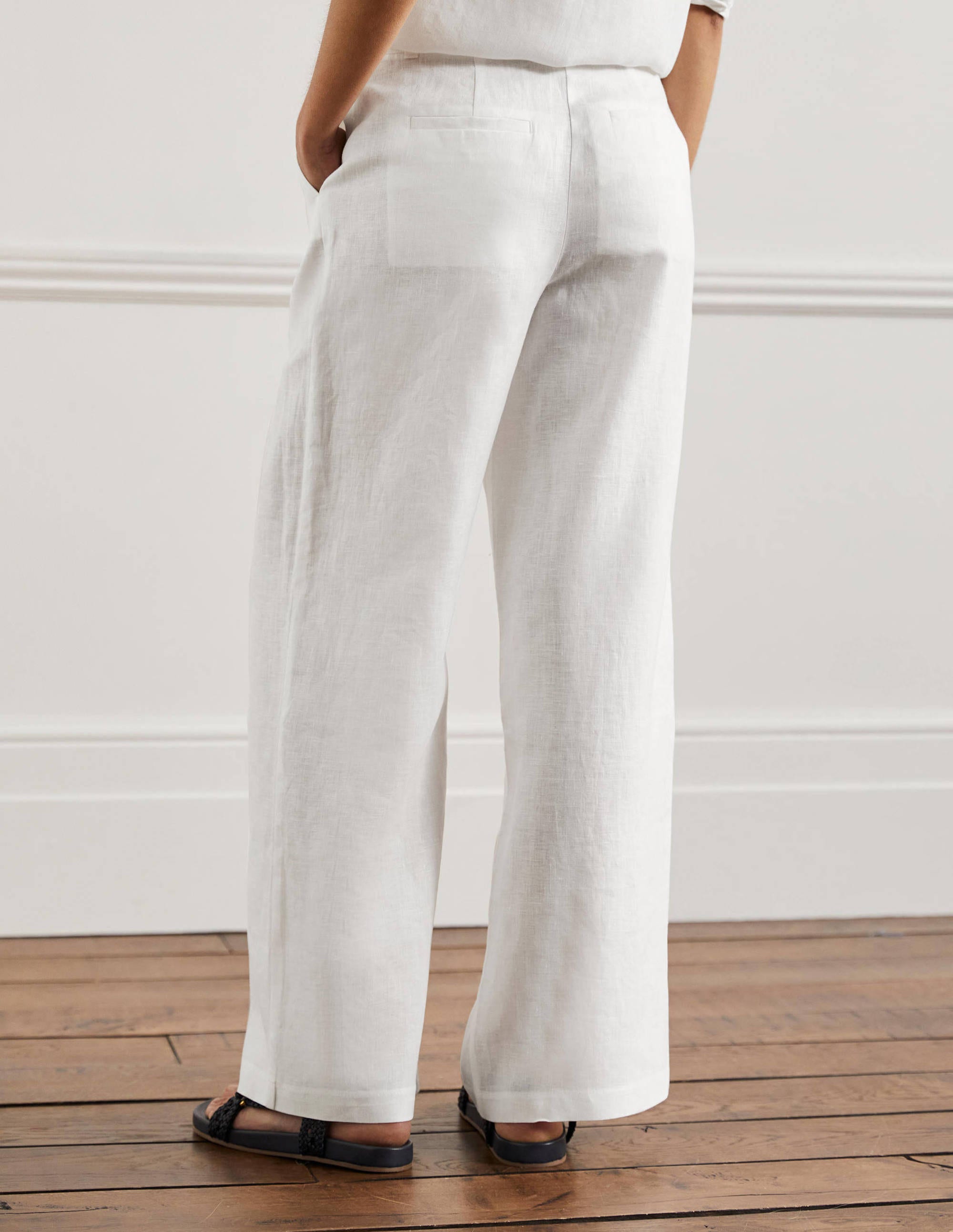 Wide Leg Linen Trousers-White - Image 3