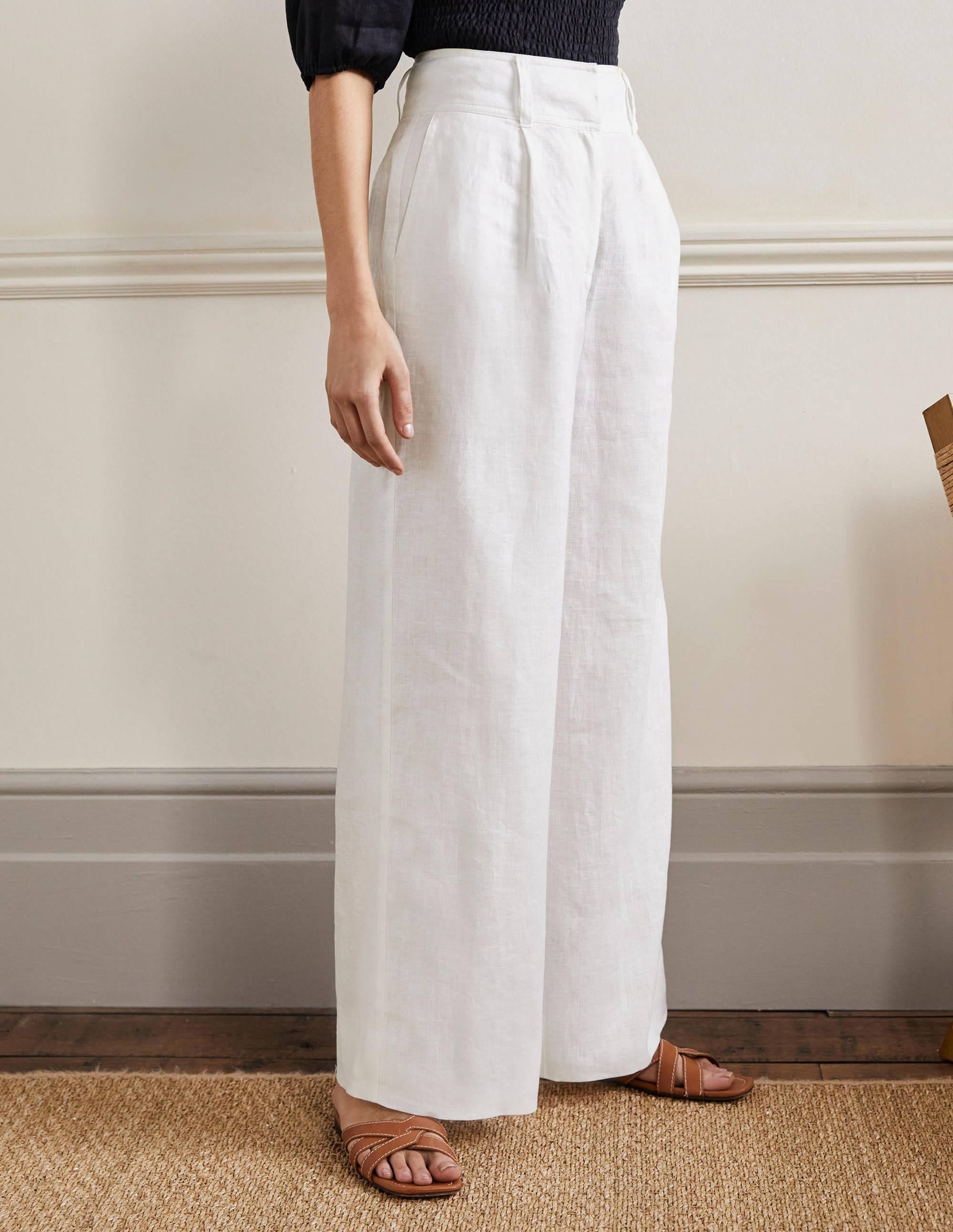 Wide Leg Linen Trousers-White - Image 5