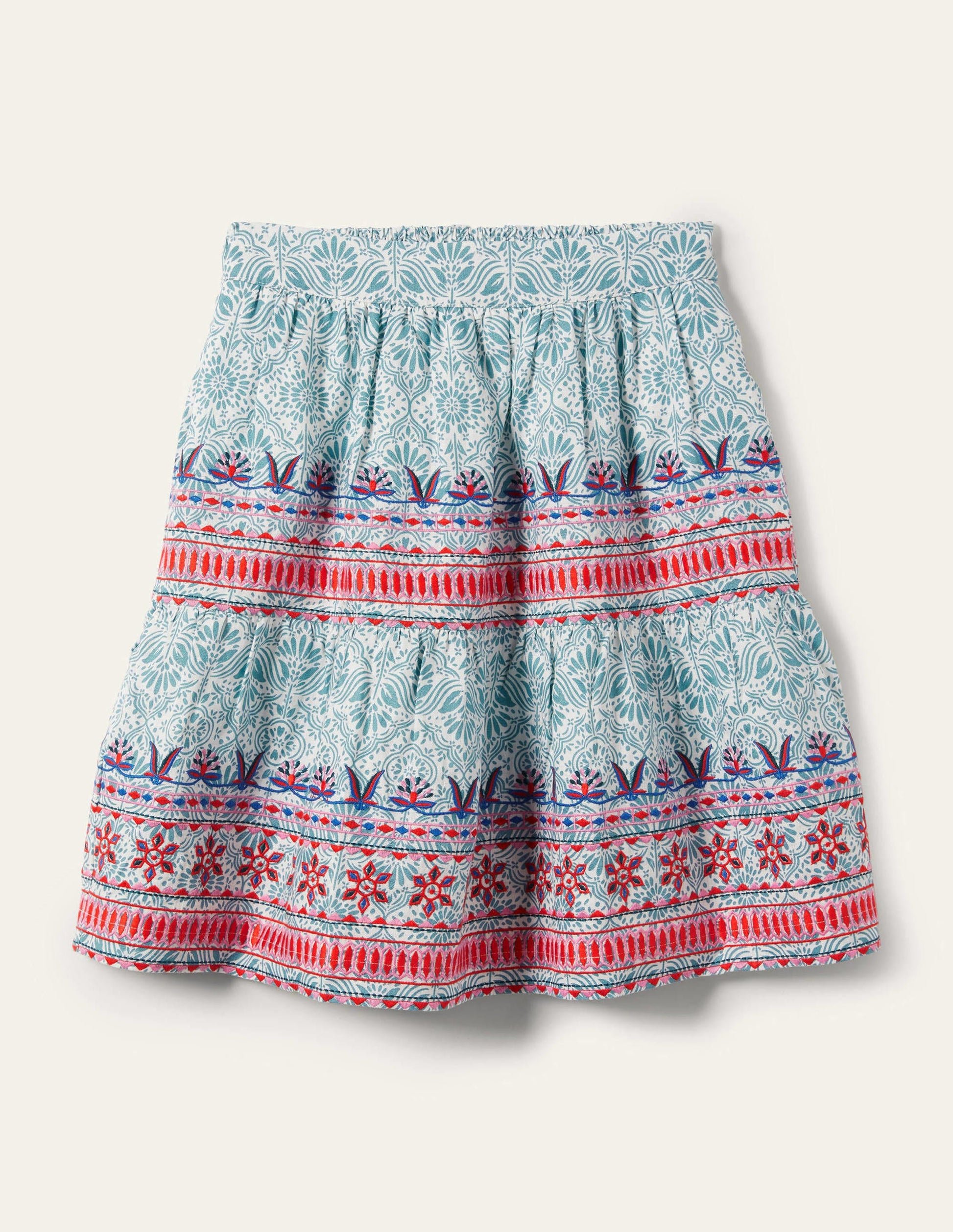 Embroidered Linen Mini Skirt-Larkspur, Oriental Diamond-6