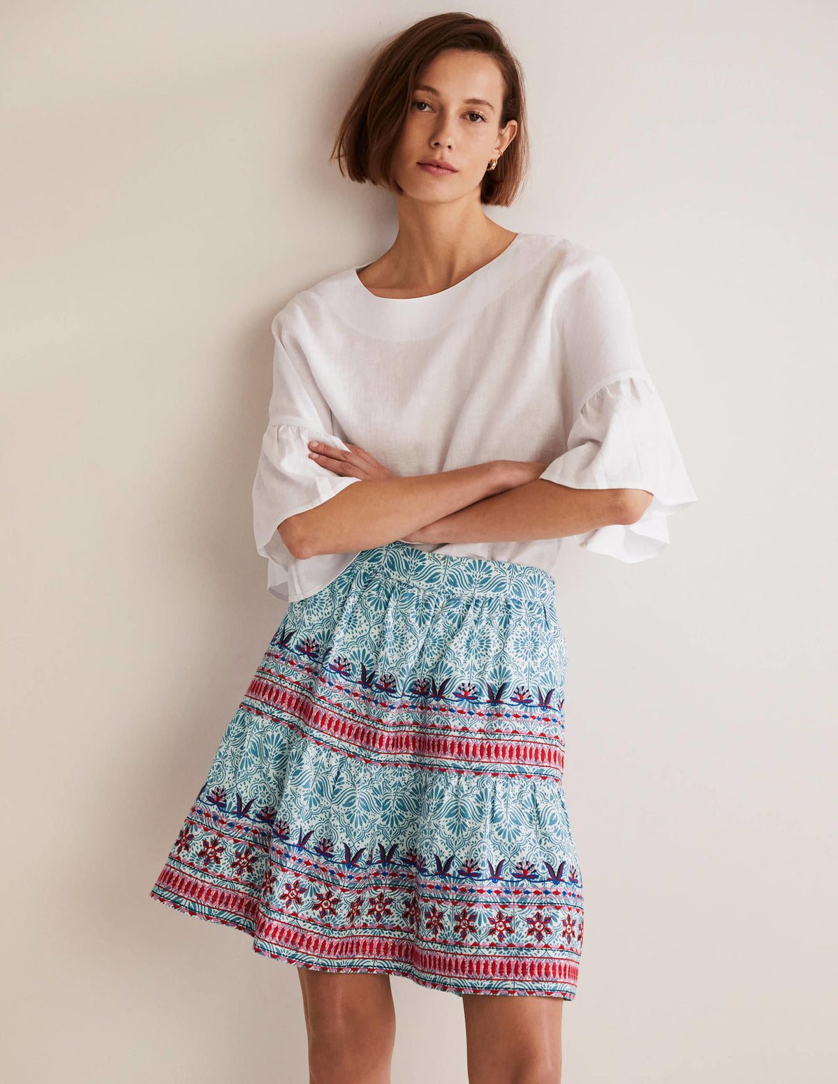 Embroidered Linen Mini Skirt-Larkspur, Oriental Diamond - Image 1