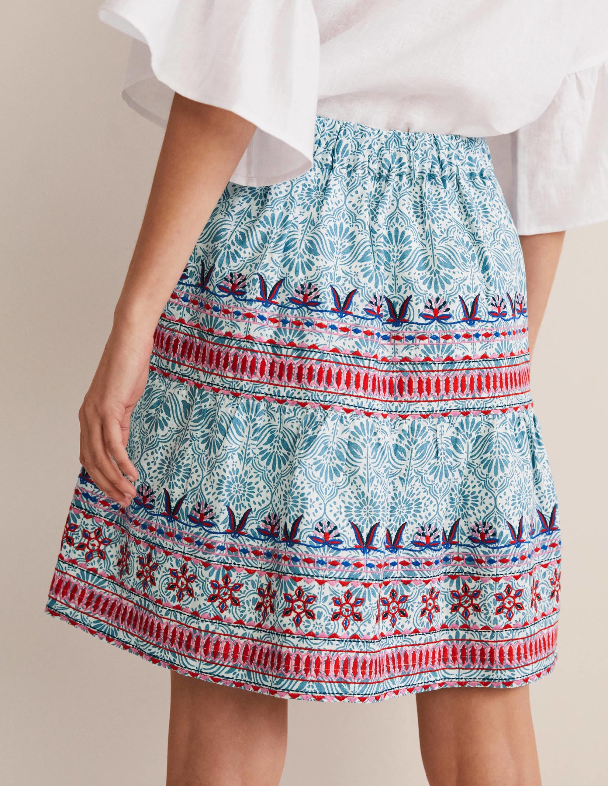 Embroidered Linen Mini Skirt-Larkspur, Oriental Diamond - Image 4