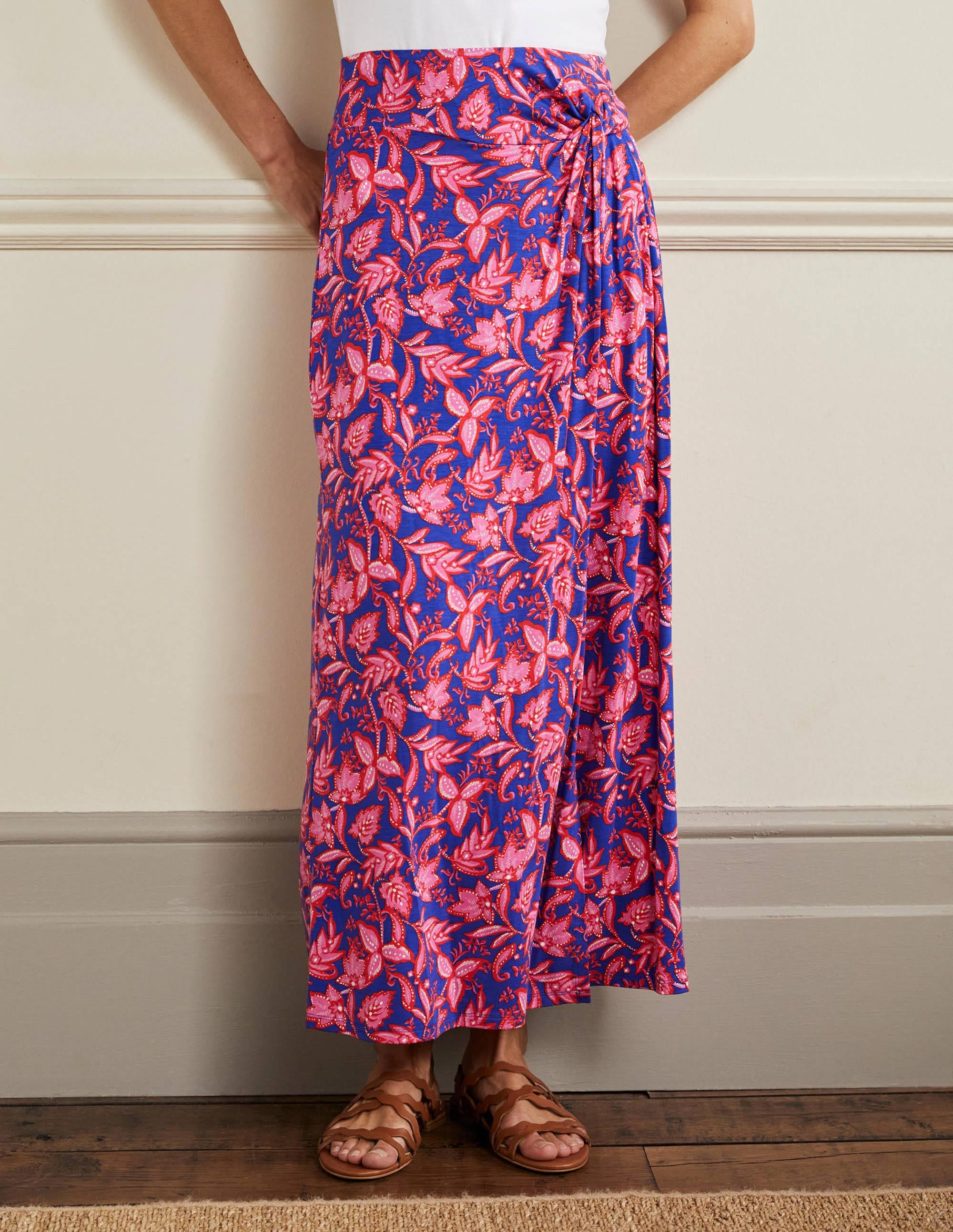 Knot Waist Jersey Midi Skirt-Strawberry Daiquiri, Flora - Image 4