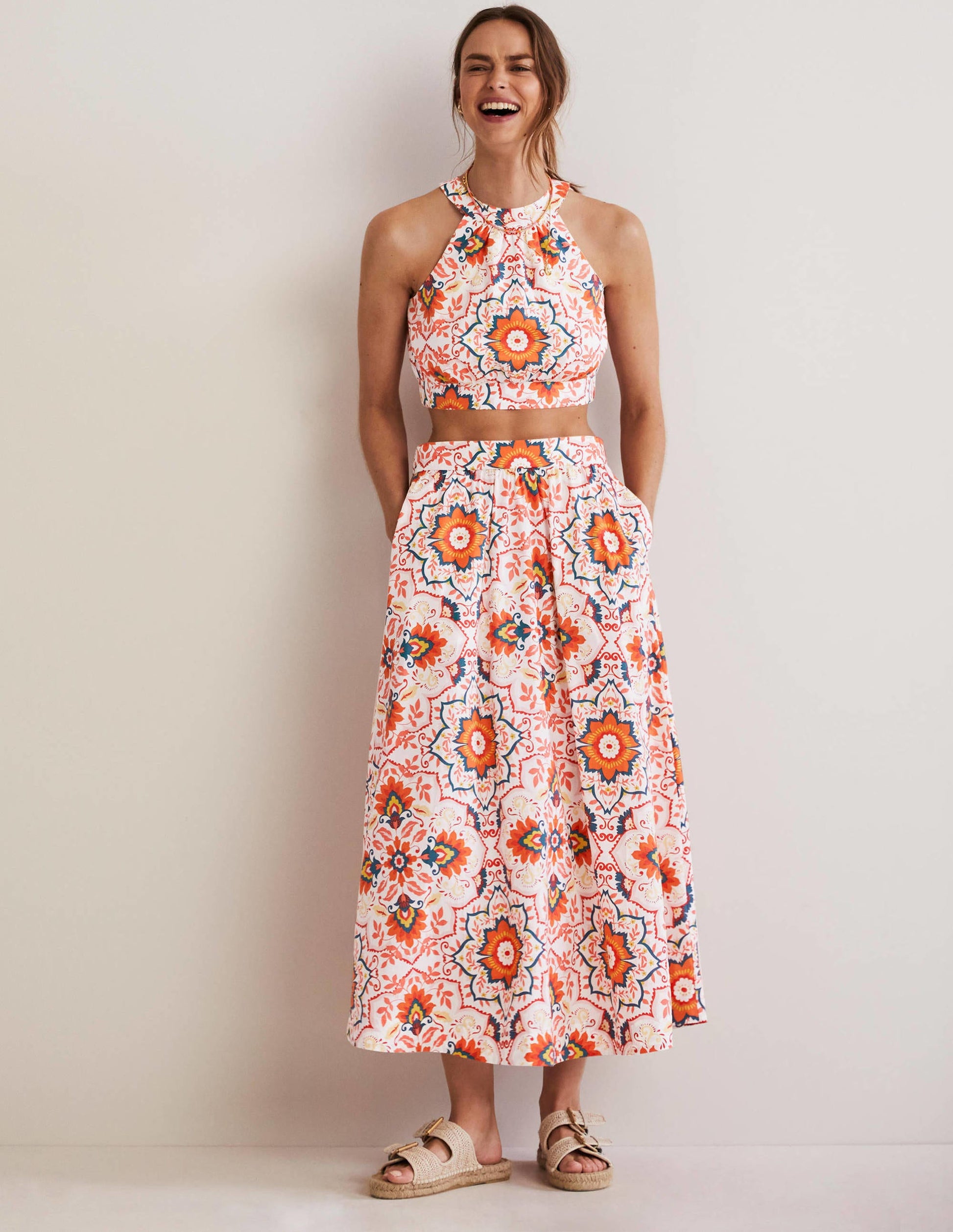 Pull On Cotton Midi Skirt-Multi, Bloomsbury-1