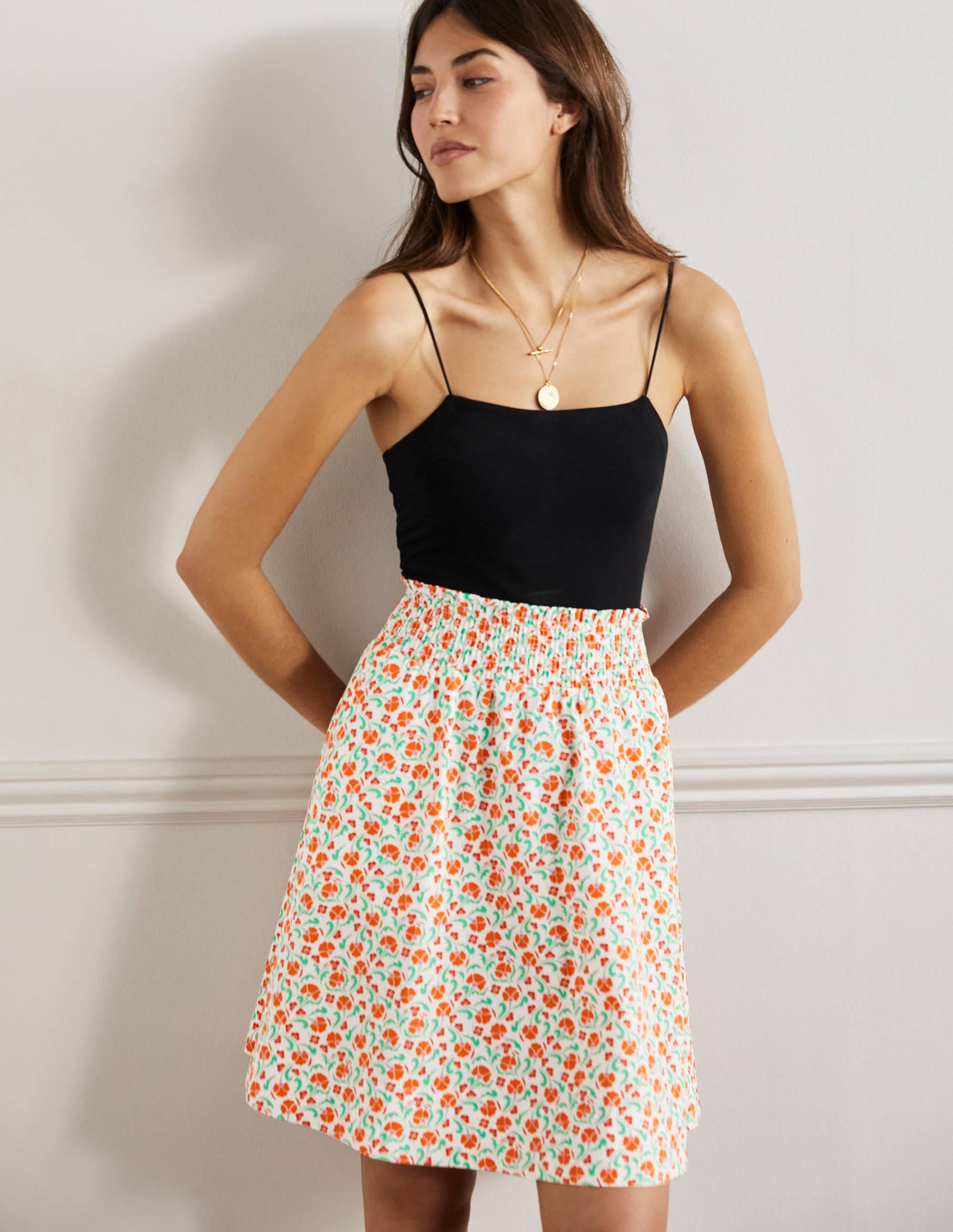 Shirred Waist Cotton Skirt-Bright Papaya, Delicate Bud - Image 1