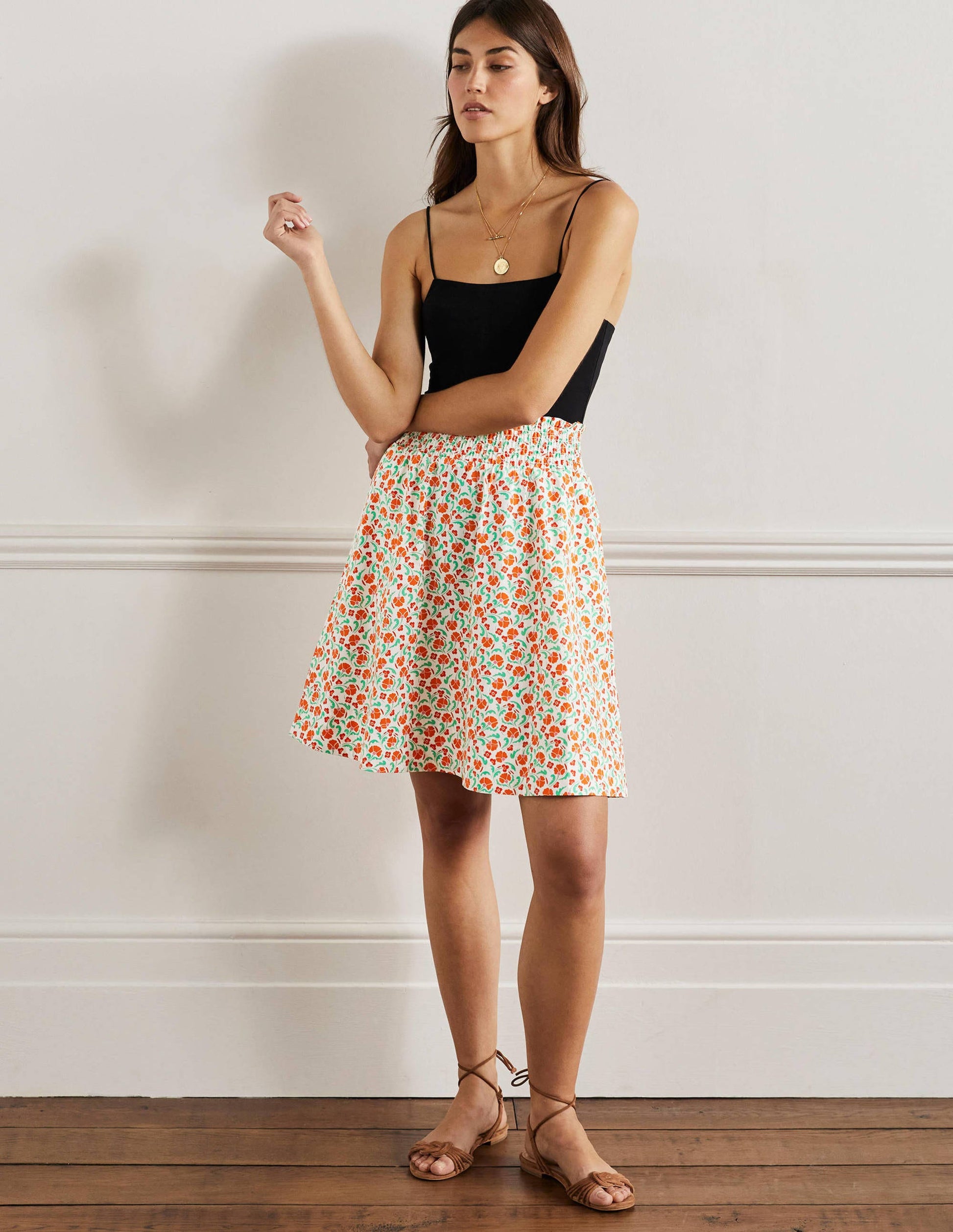 Shirred Waist Cotton Skirt-Bright Papaya, Delicate Bud-4