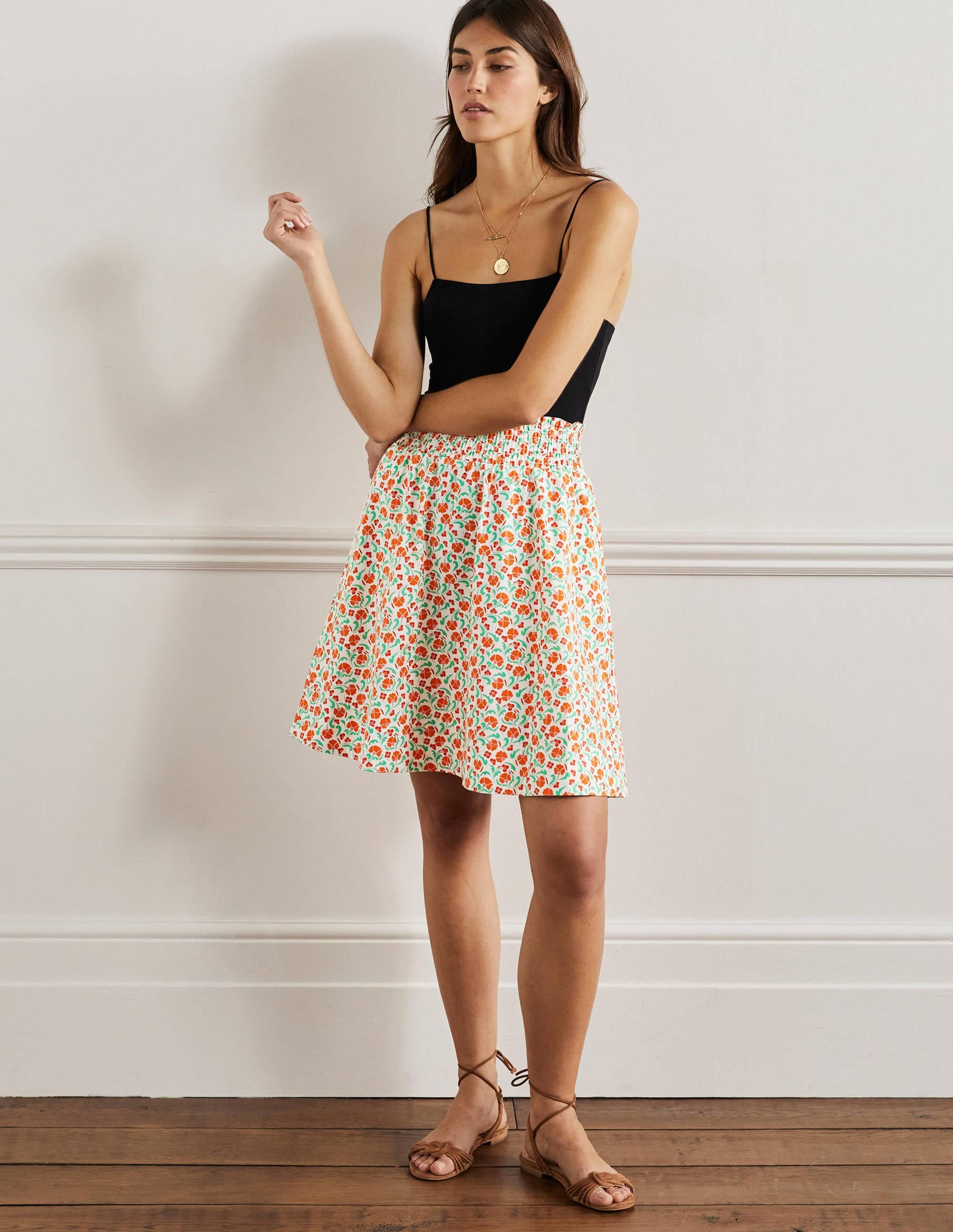 Shirred Waist Cotton Skirt-Bright Papaya, Delicate Bud - Image 4