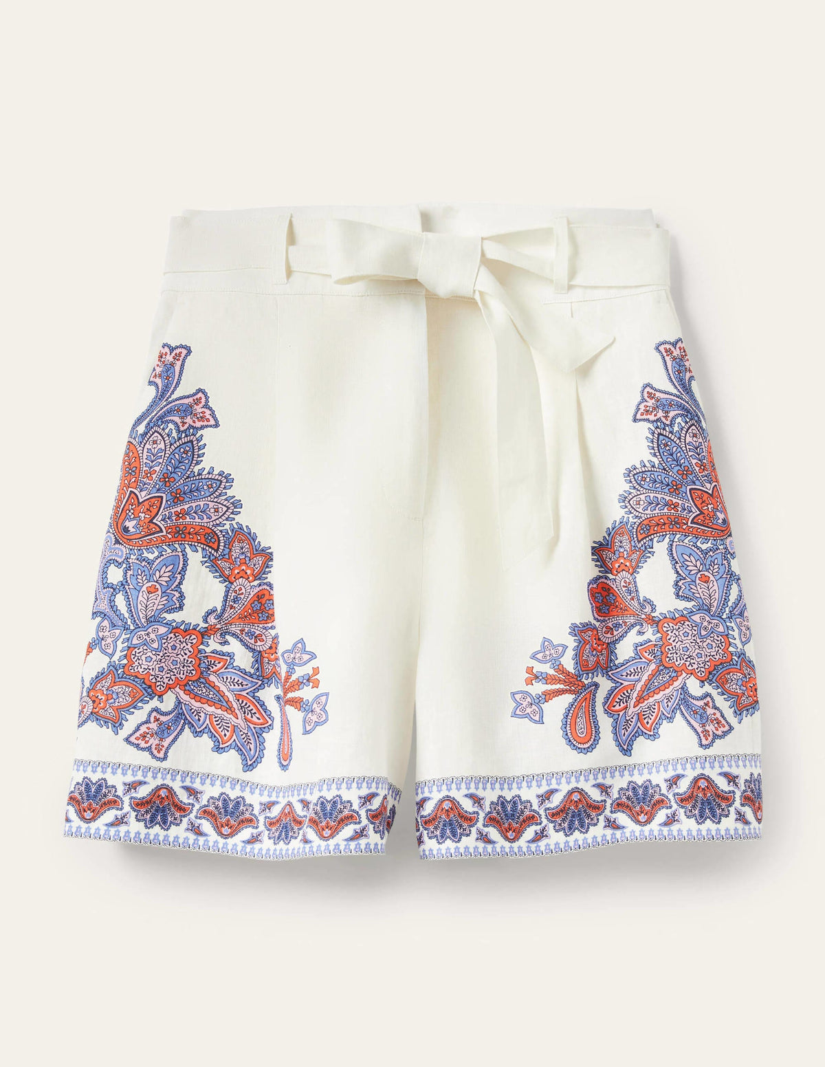 Alma Tie Waist Linen Shorts-Ivory, Paisley Bud - Image 6