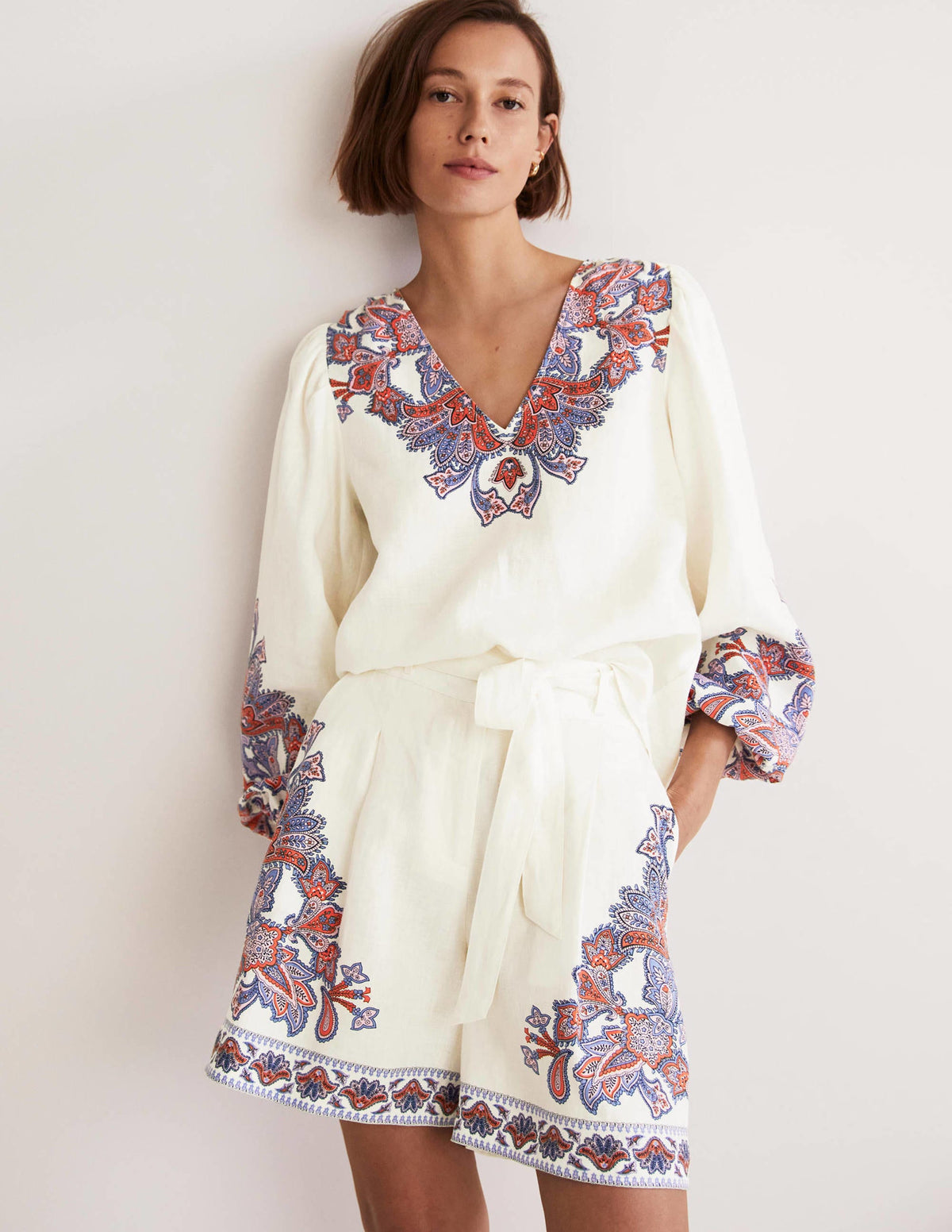 Alma Tie Waist Linen Shorts-Ivory, Paisley Bud - Image 1