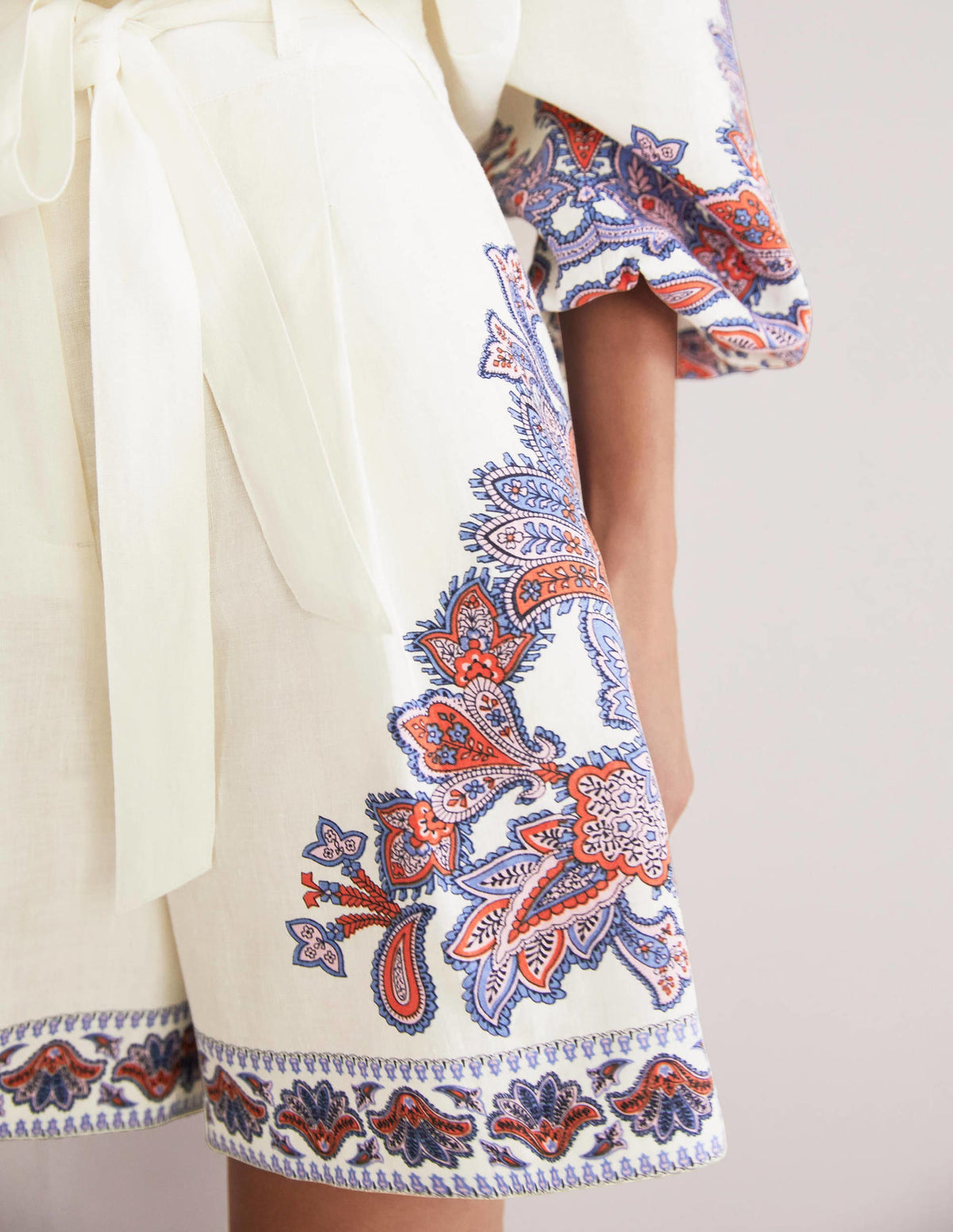 Alma Tie Waist Linen Shorts-Ivory, Paisley Bud - Image 2