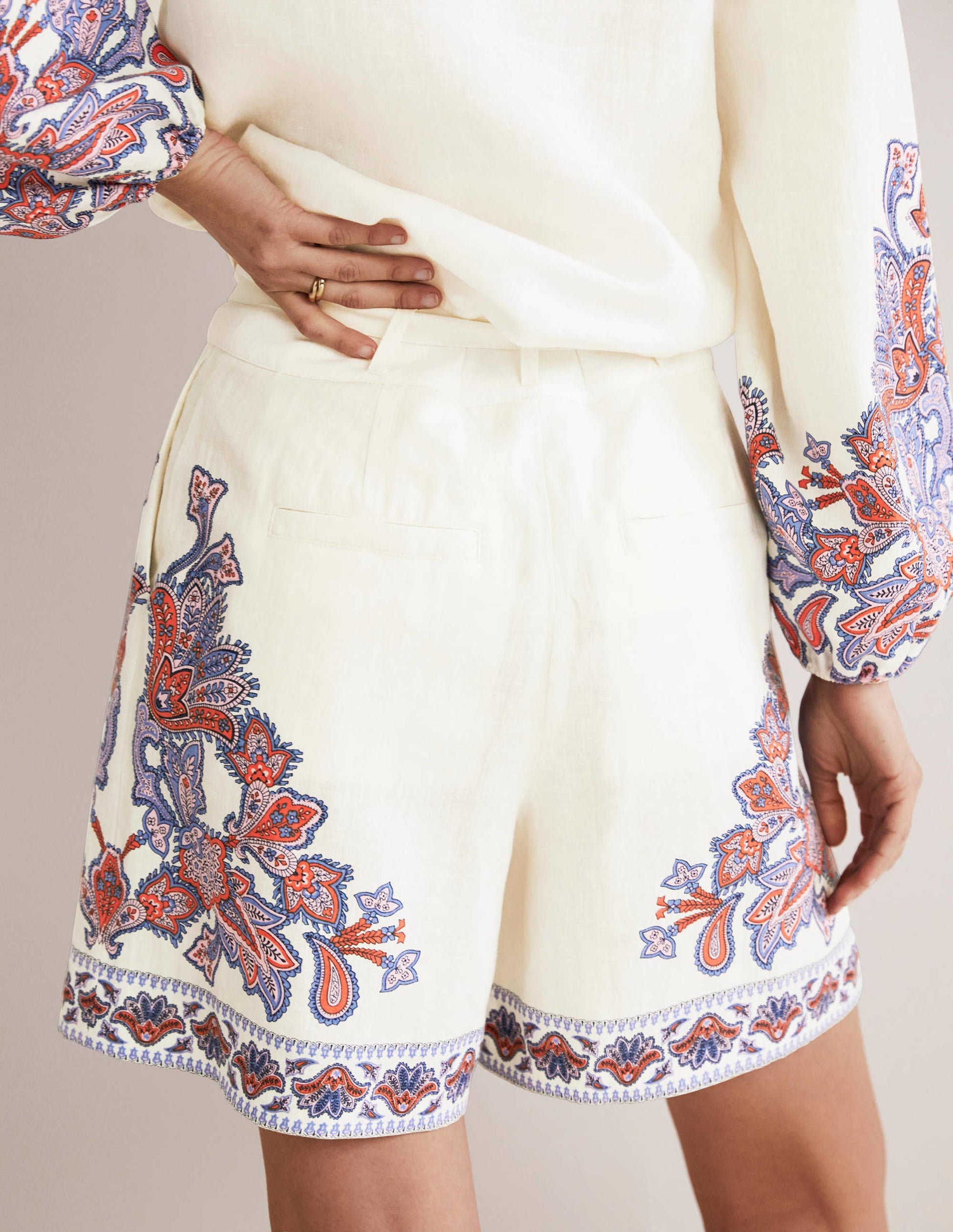 Alma Tie Waist Linen Shorts-Ivory, Paisley Bud-3