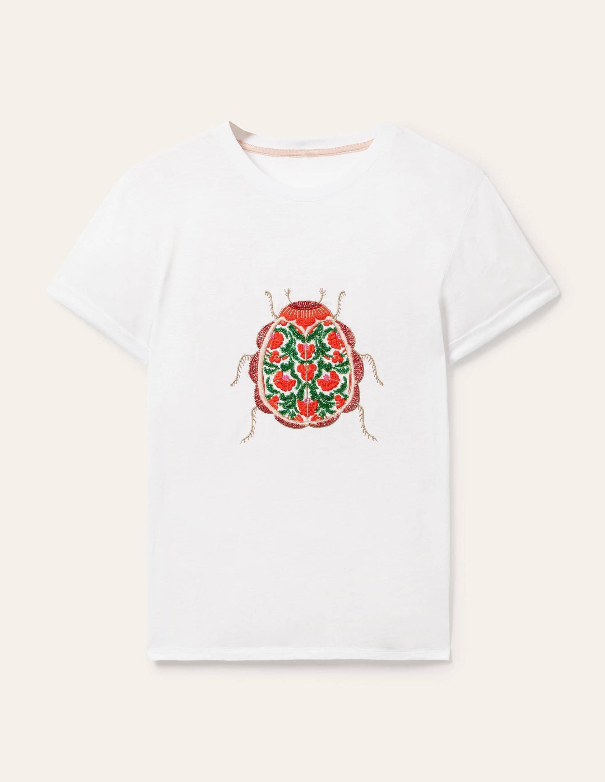 Turn Up Cuff Cotton T-shirt-White, Beetle-6