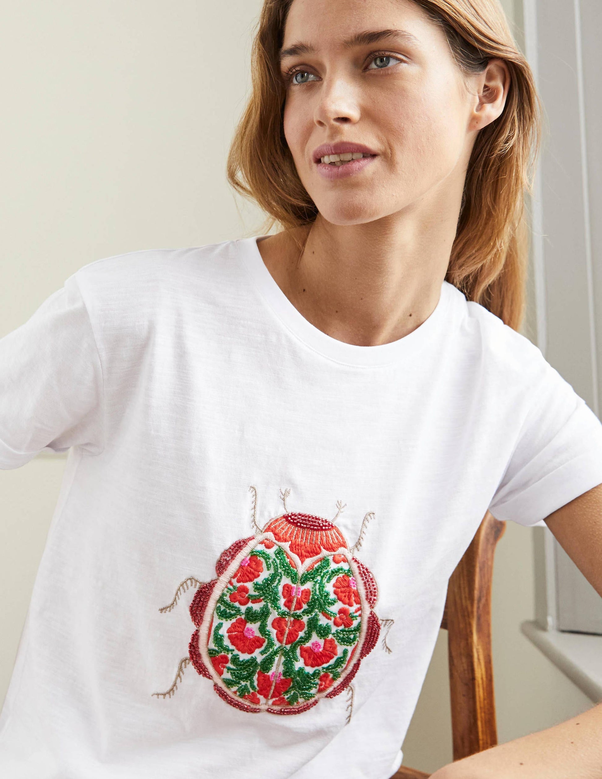 Turn Up Cuff Cotton T-shirt-White, Beetle-4