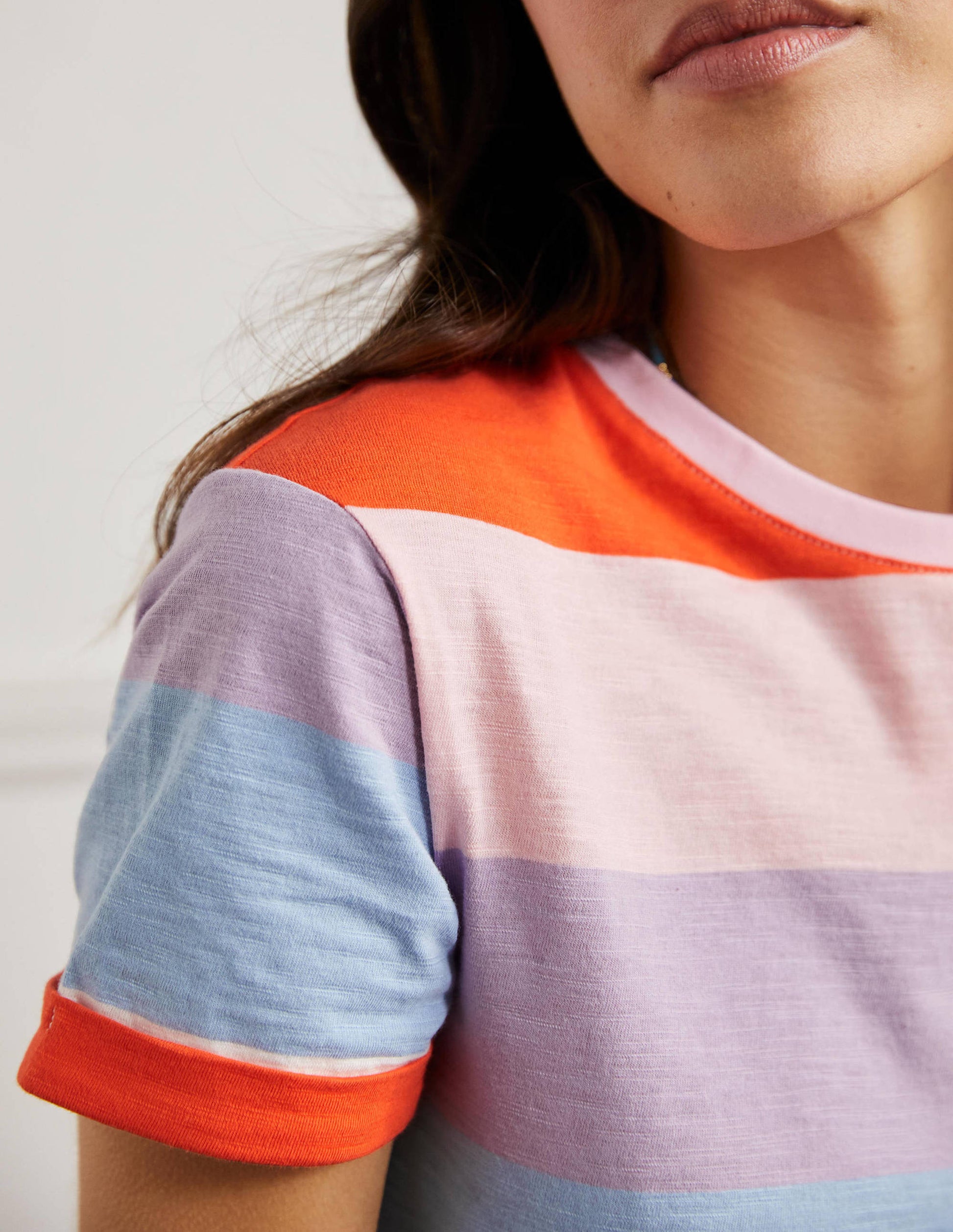 Turn Up Cuff Cotton T-shirt-Atlantic Ocean / Orange Stripe-2
