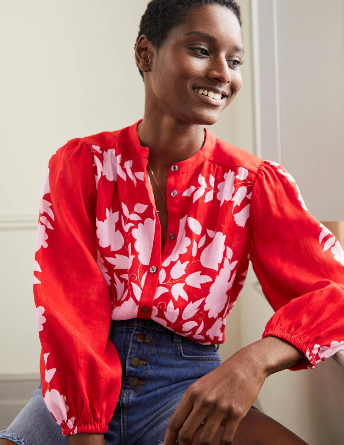 Becky Full Sleeve Linen Blouse-Dragon Red, Wildflower Prairie - Image 1