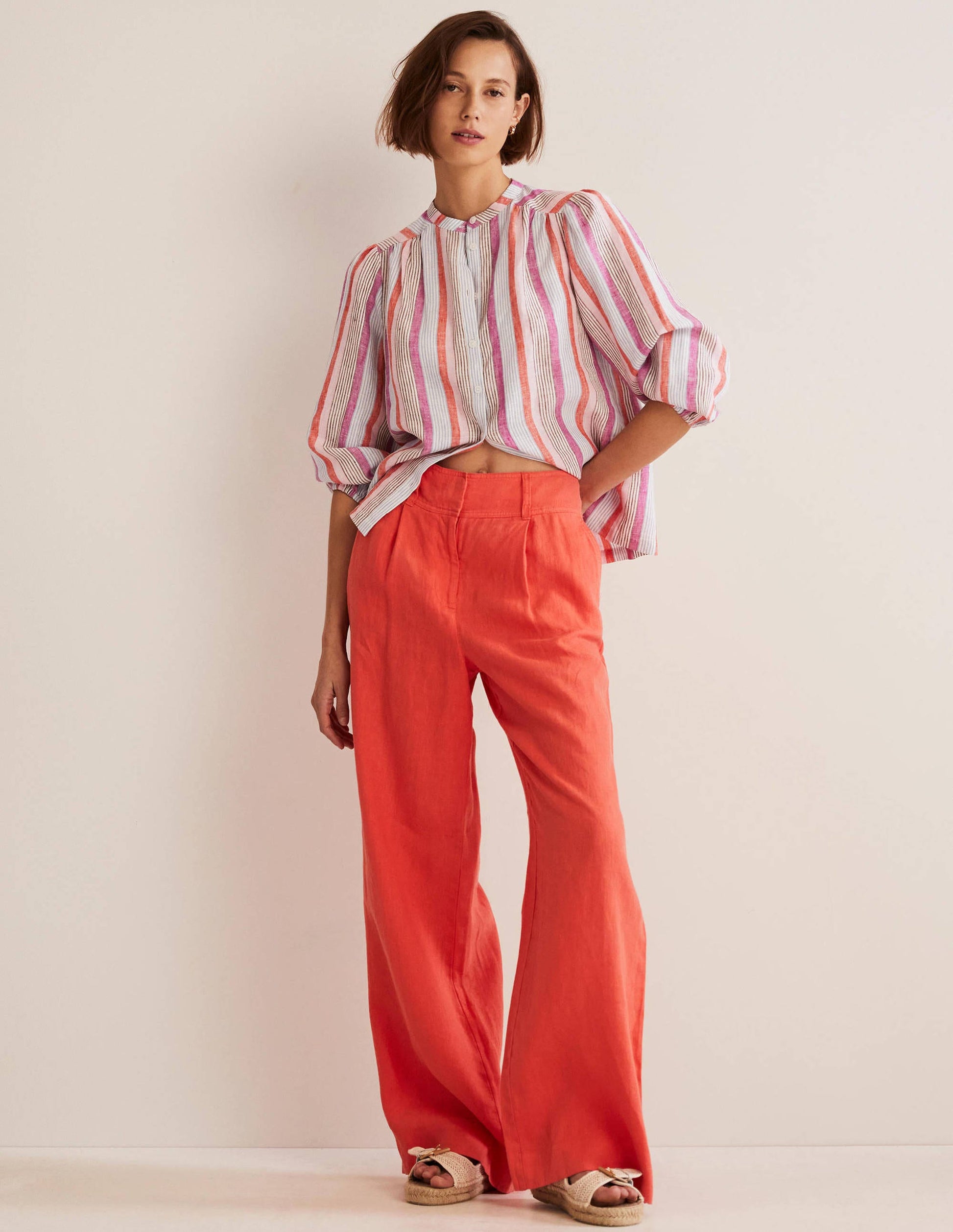 Becky Full Sleeve Linen Blouse-Firecracker, Cameo Pink Stripe-4