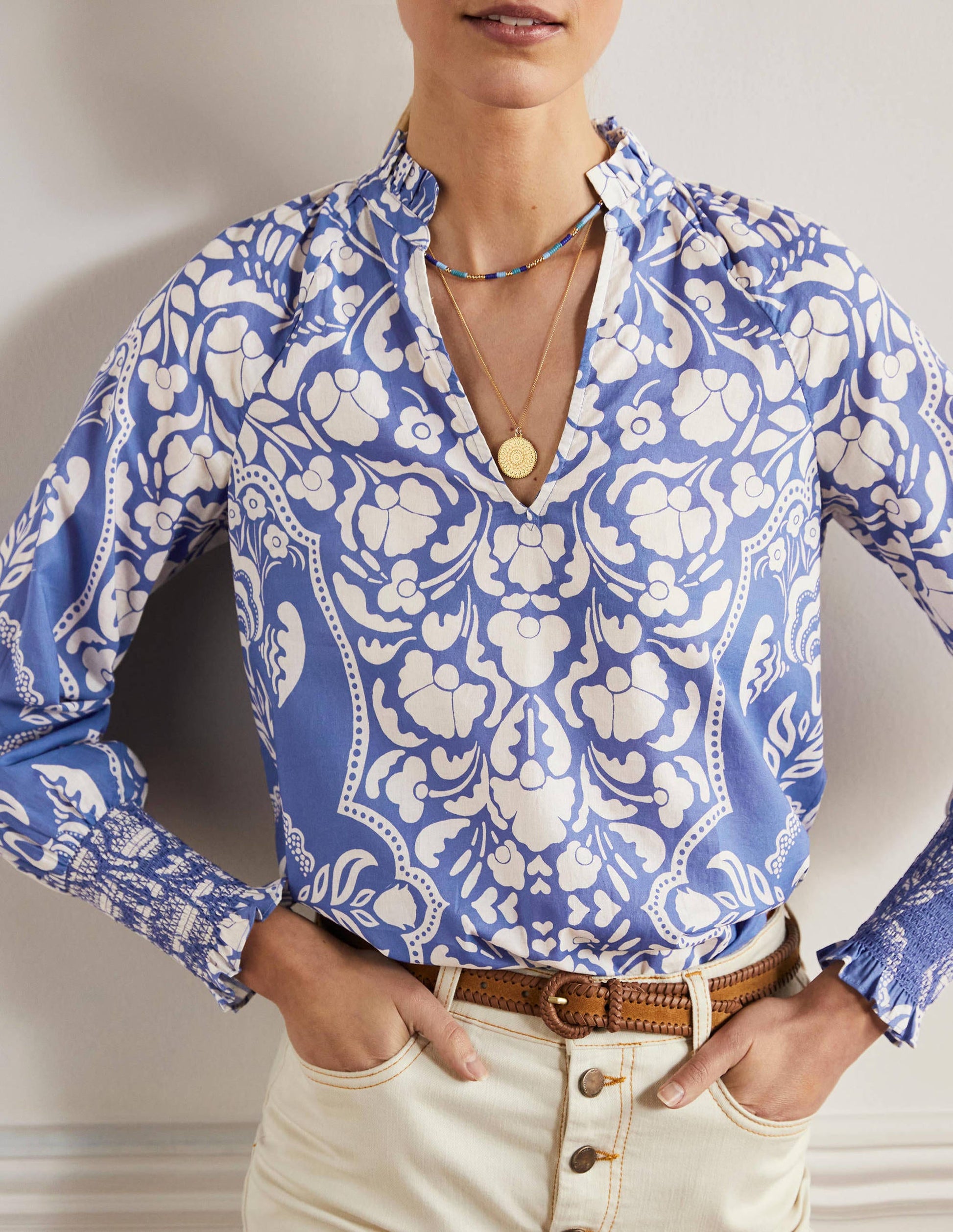 Smocked Cuff Printed Top-Bluebell, Passion Bloom-4