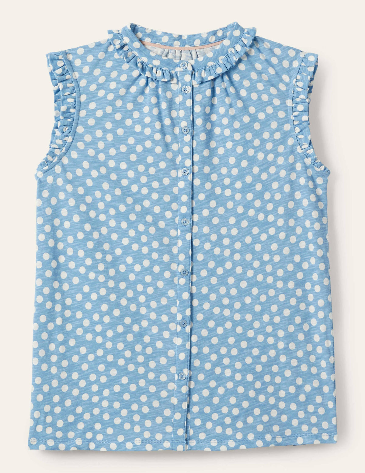 Daphne Frilly Sleeveless Shirt-Dusty Blue, Scatter Dot - Image 5