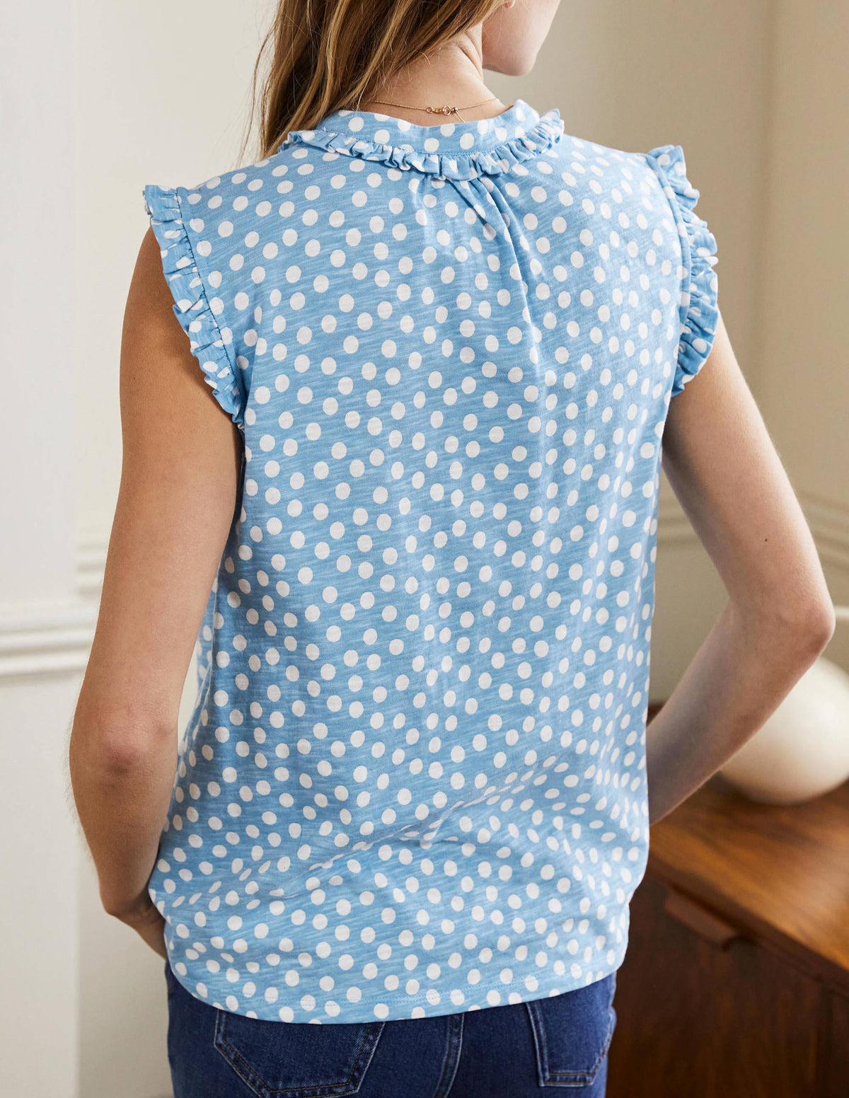 Daphne Frilly Sleeveless Shirt-Dusty Blue, Scatter Dot - Image 3