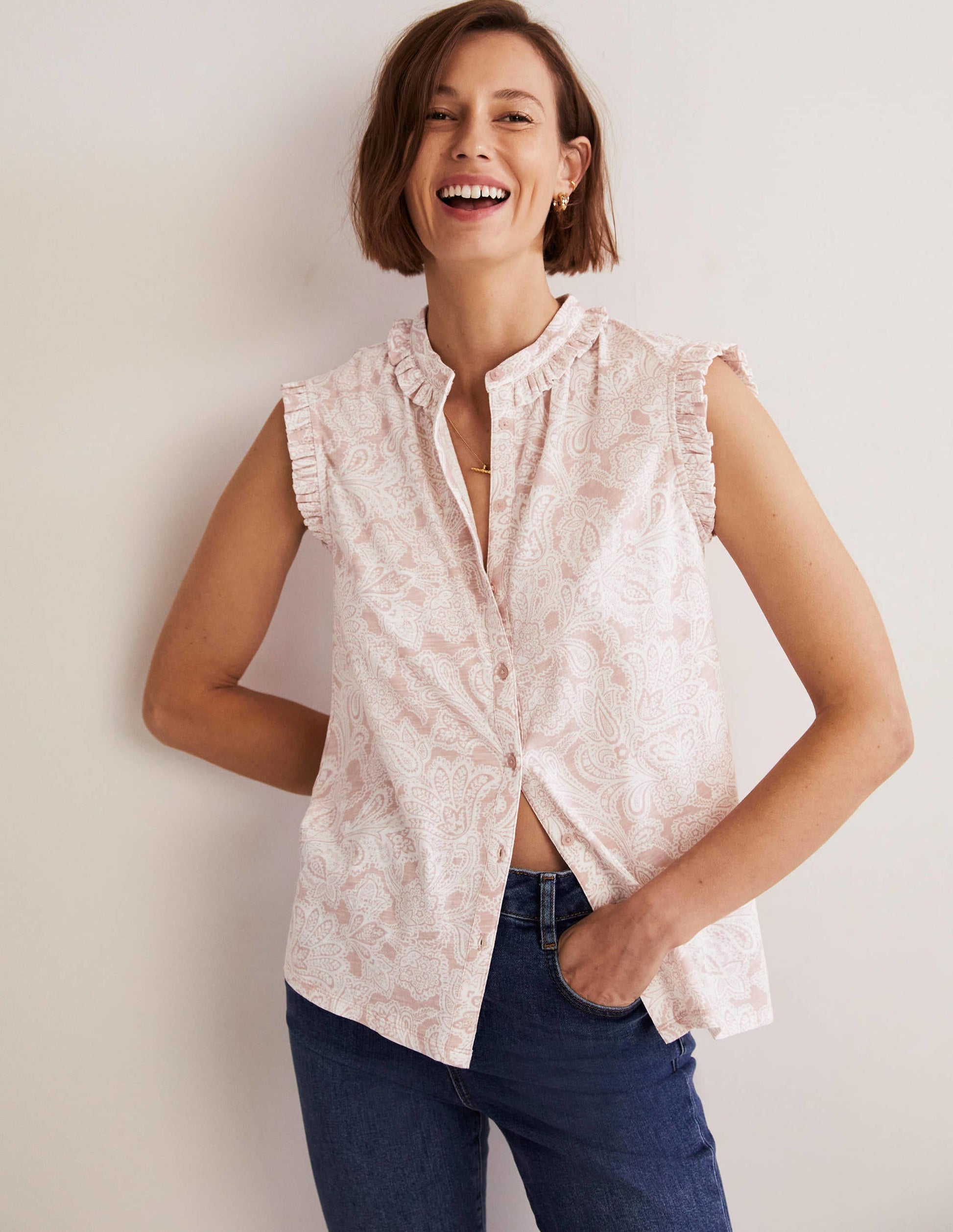 Daphne Frilly Sleeveless Shirt-Milkshake, Paisley Bud-1