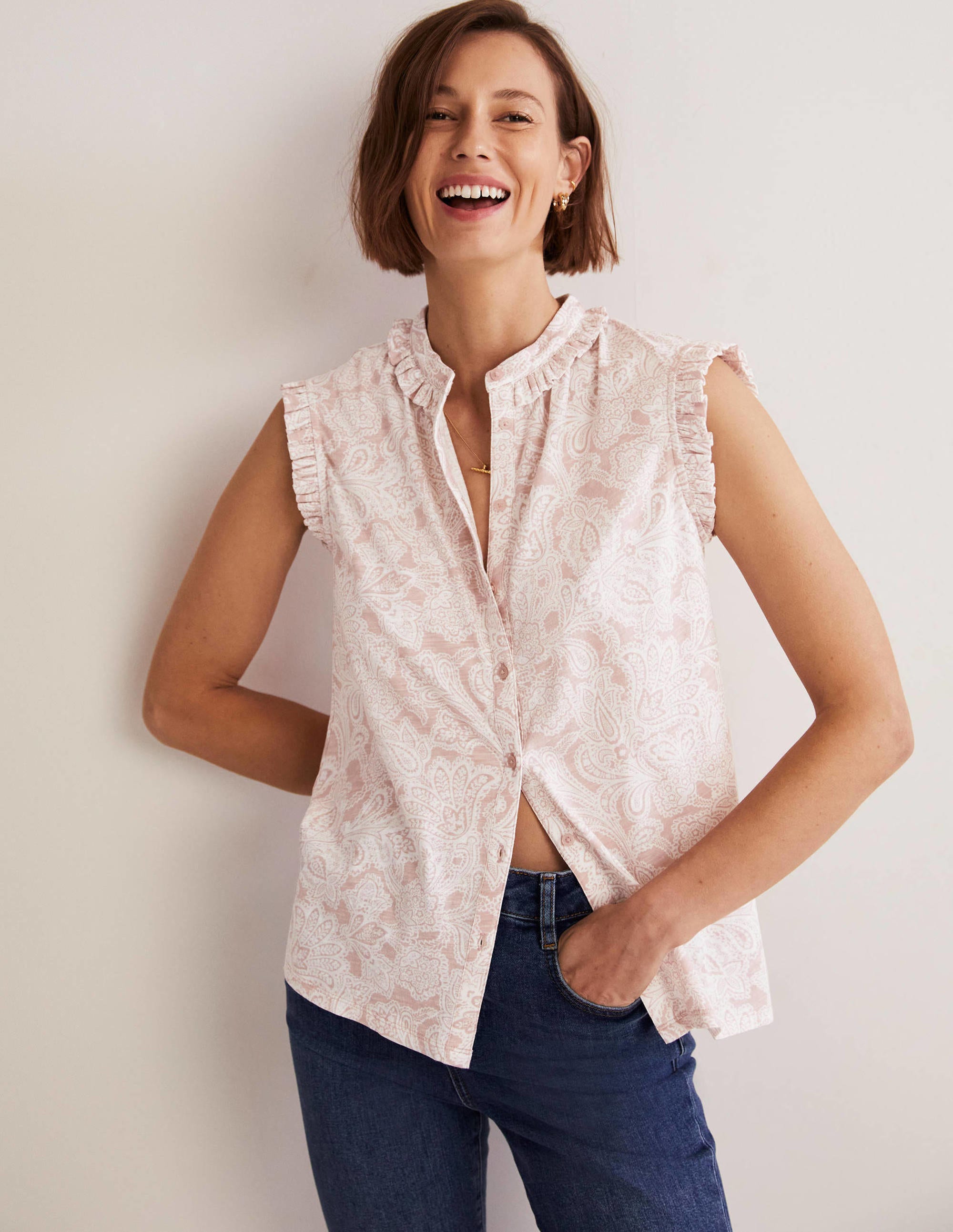 Daphne Frilly Sleeveless Shirt-Milkshake, Paisley Bud - Image 1