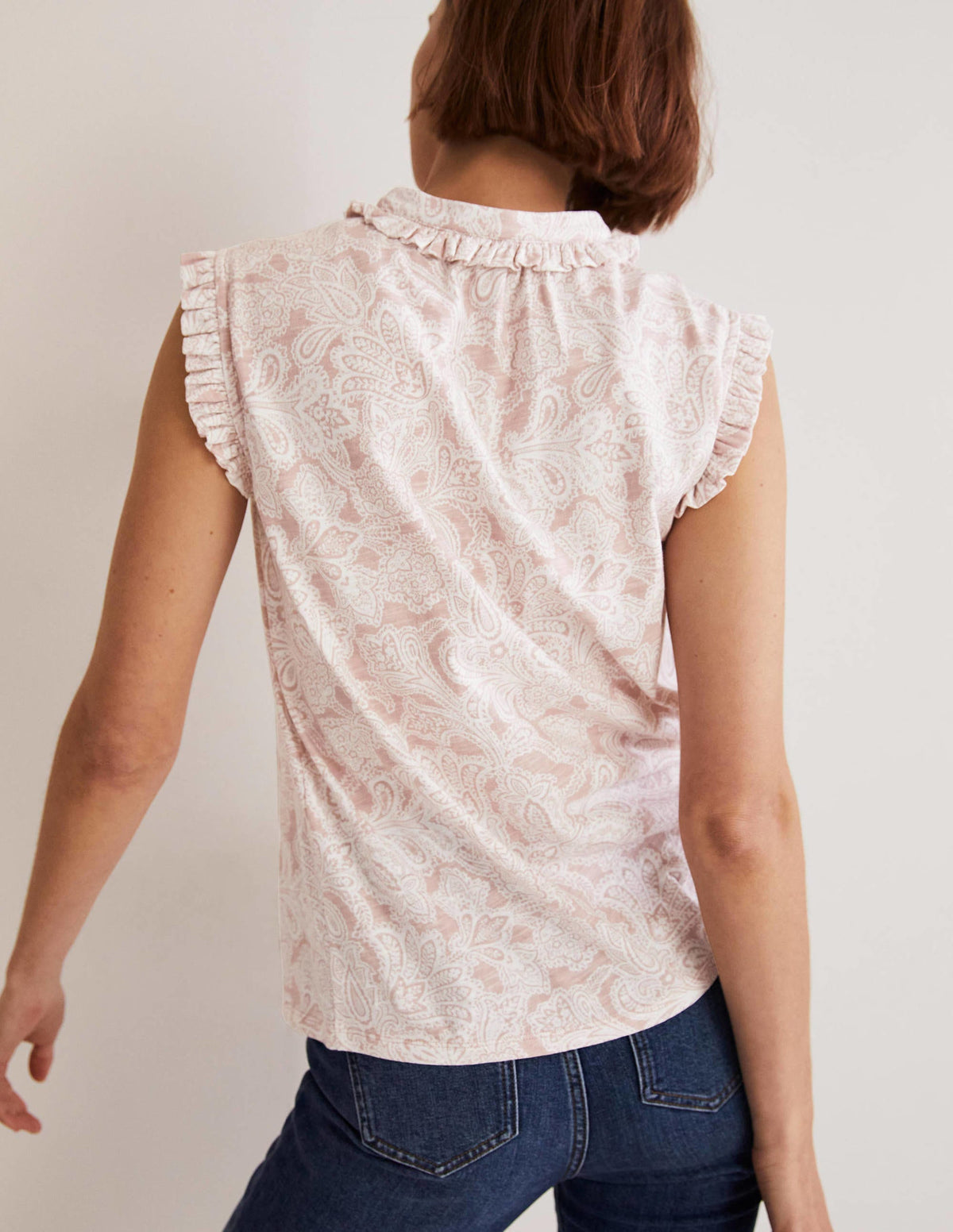 Daphne Frilly Sleeveless Shirt-Milkshake, Paisley Bud-3