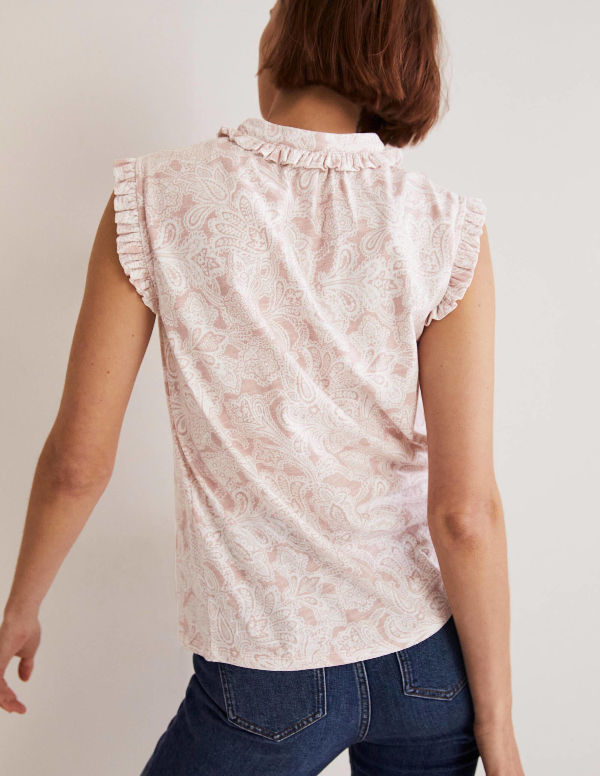 Daphne Frilly Sleeveless Shirt-Milkshake, Paisley Bud - Image 3