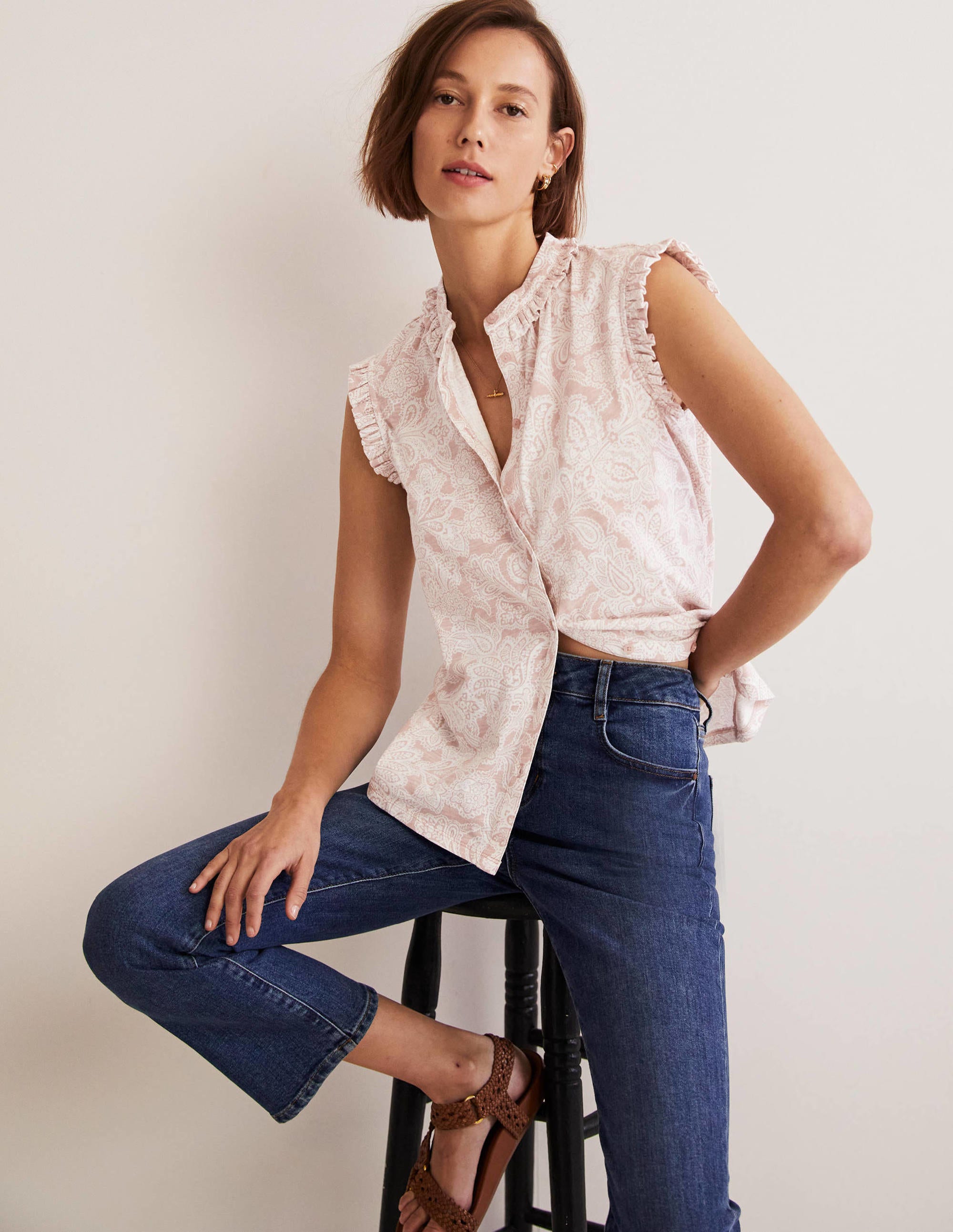 Daphne Frilly Sleeveless Shirt-Milkshake, Paisley Bud - Image 4