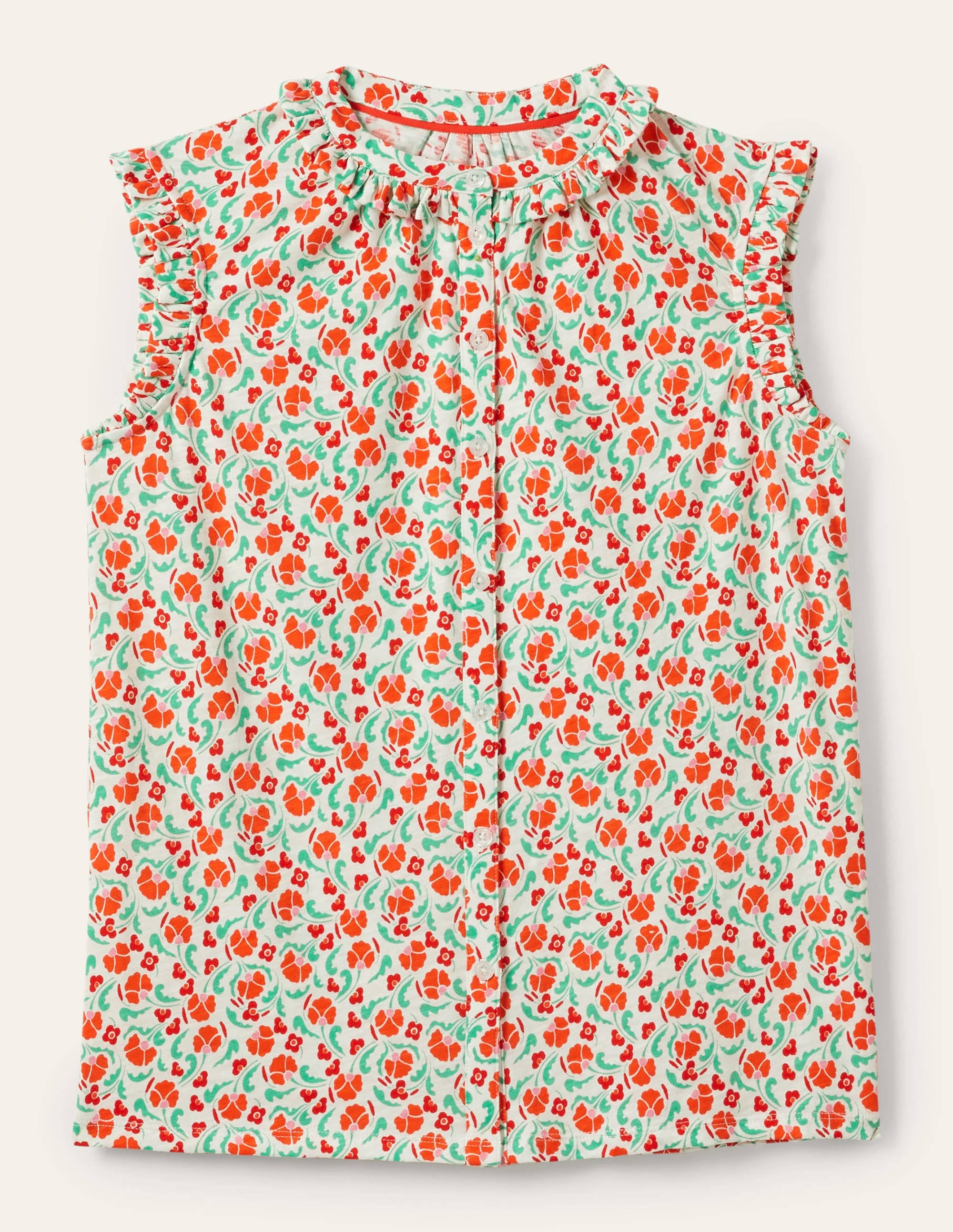 Daphne Frilly Sleeveless Shirt-Bright Papaya, Delicate Bud - Image 5