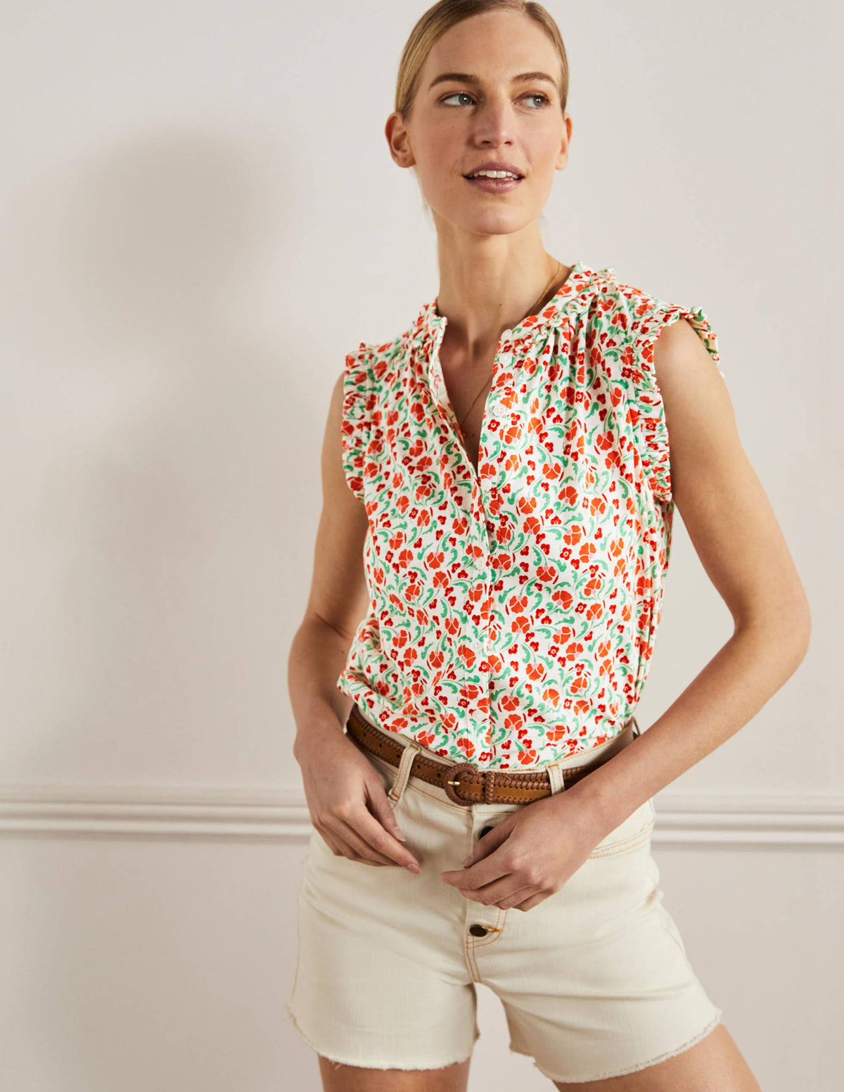 Daphne Frilly Sleeveless Shirt-Bright Papaya, Delicate Bud - Image 1