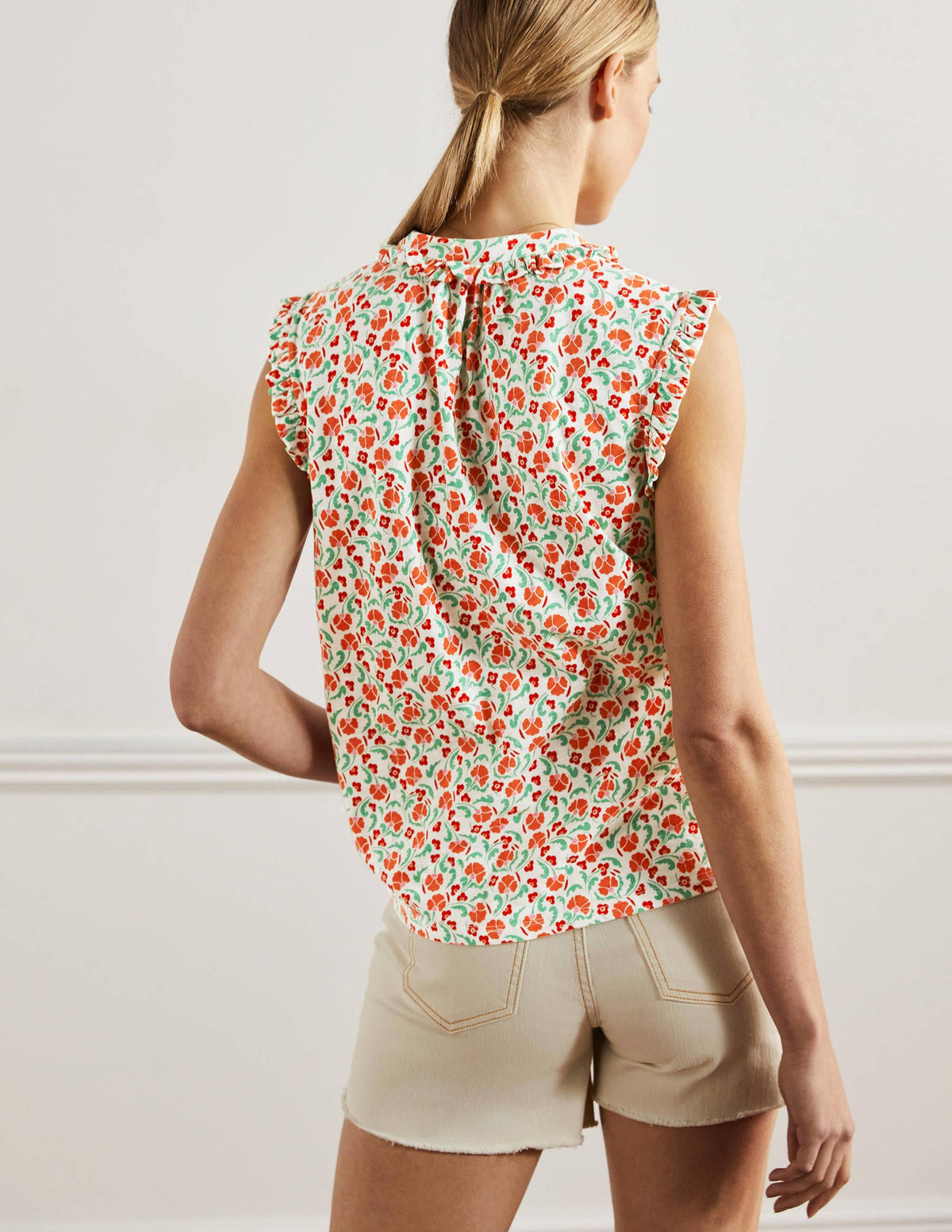 Daphne Frilly Sleeveless Shirt-Bright Papaya, Delicate Bud - Image 3