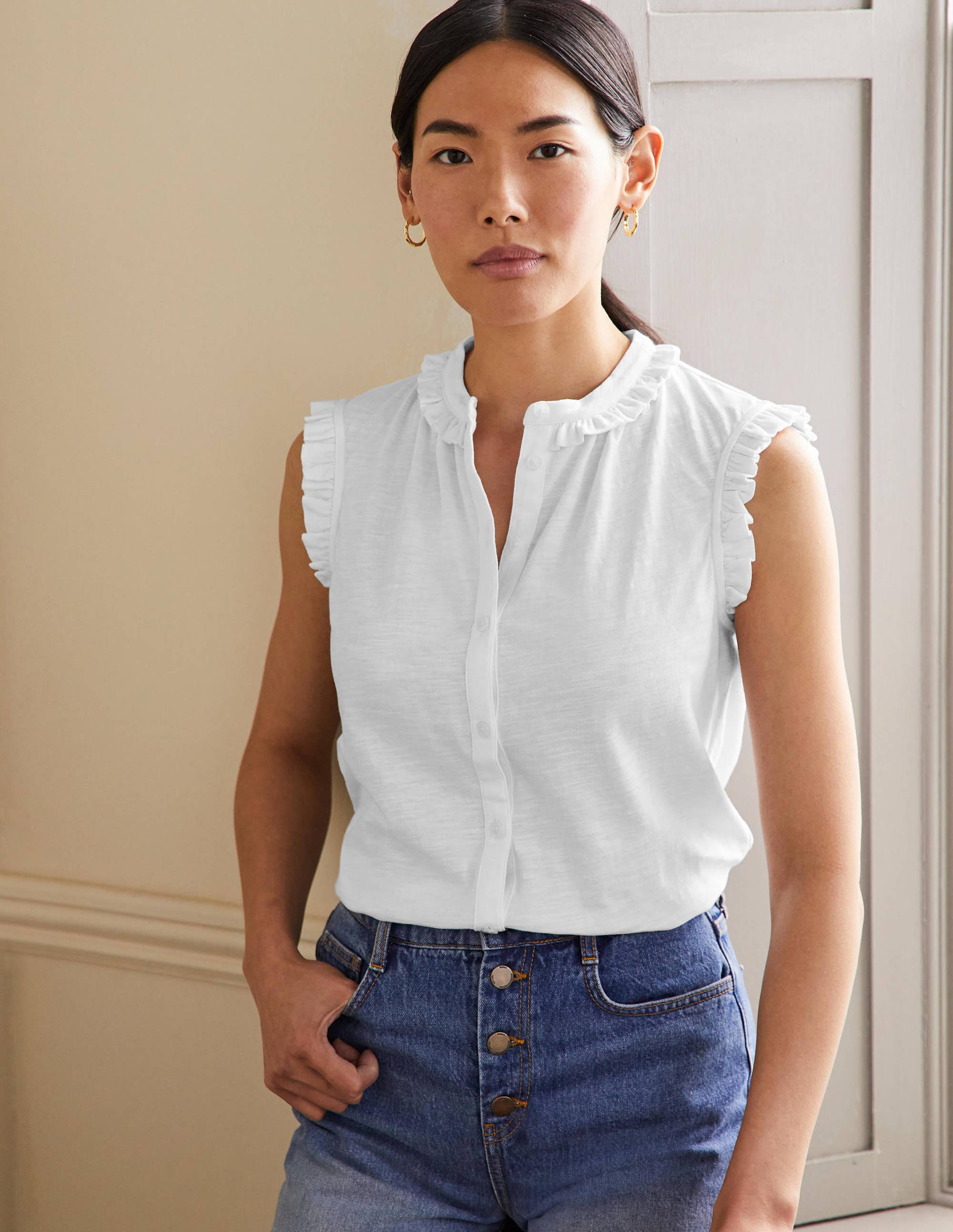 Daphne Frilly Sleeveless Shirt-White - Image 1