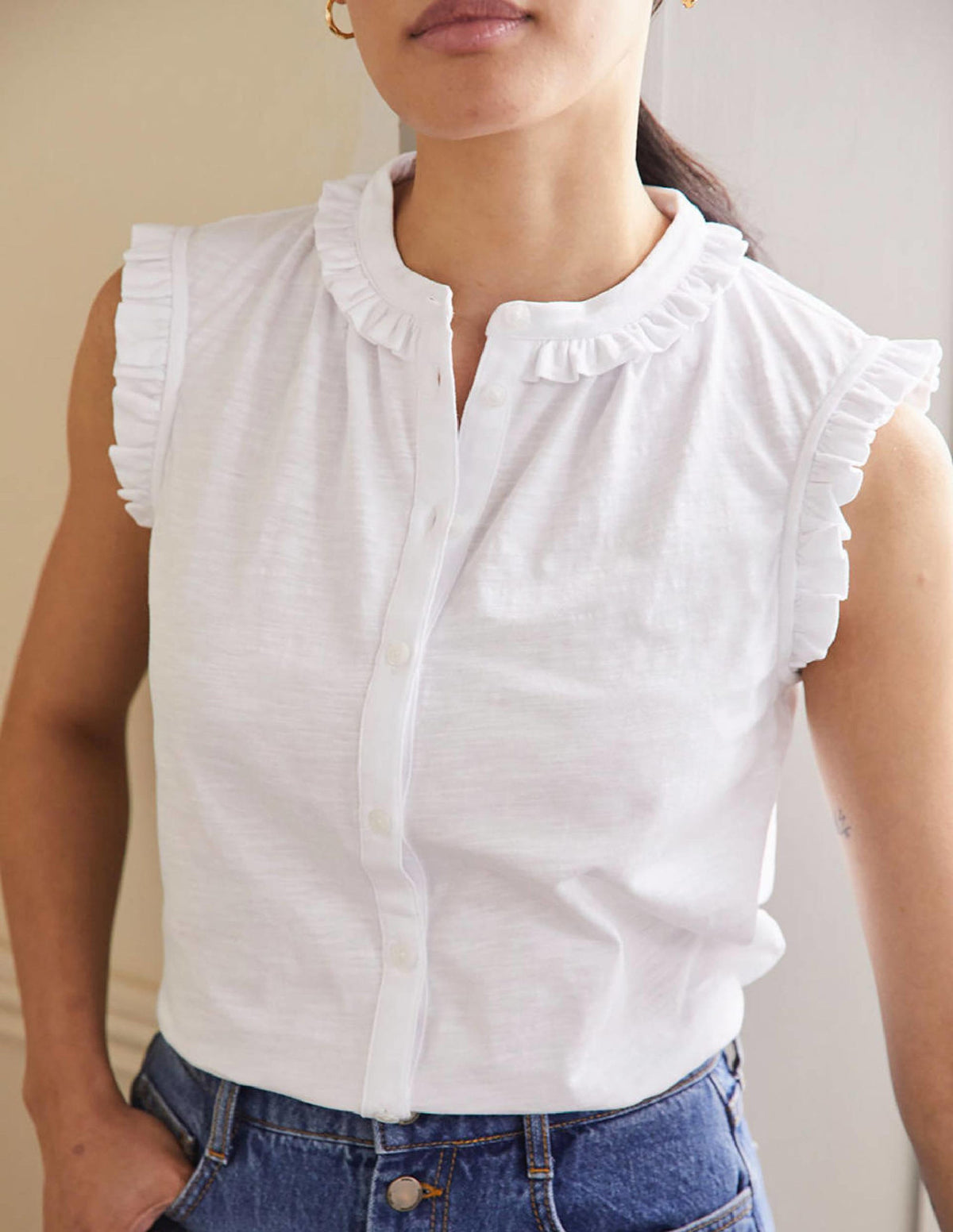 Daphne Frilly Sleeveless Shirt-White - Image 5