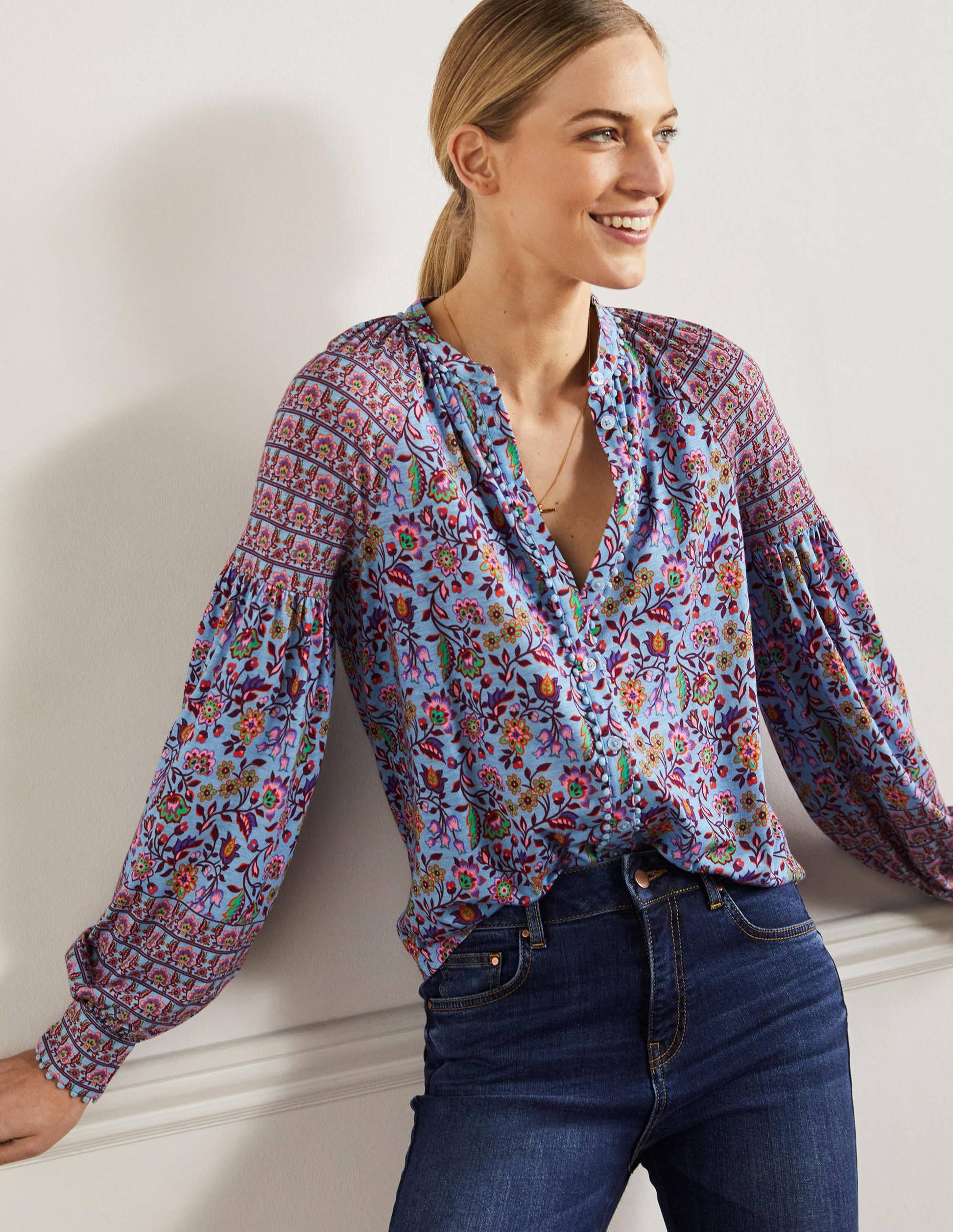 Printed Detail Jersey Shirt-Dusty Blue, Oriental Meadow-1