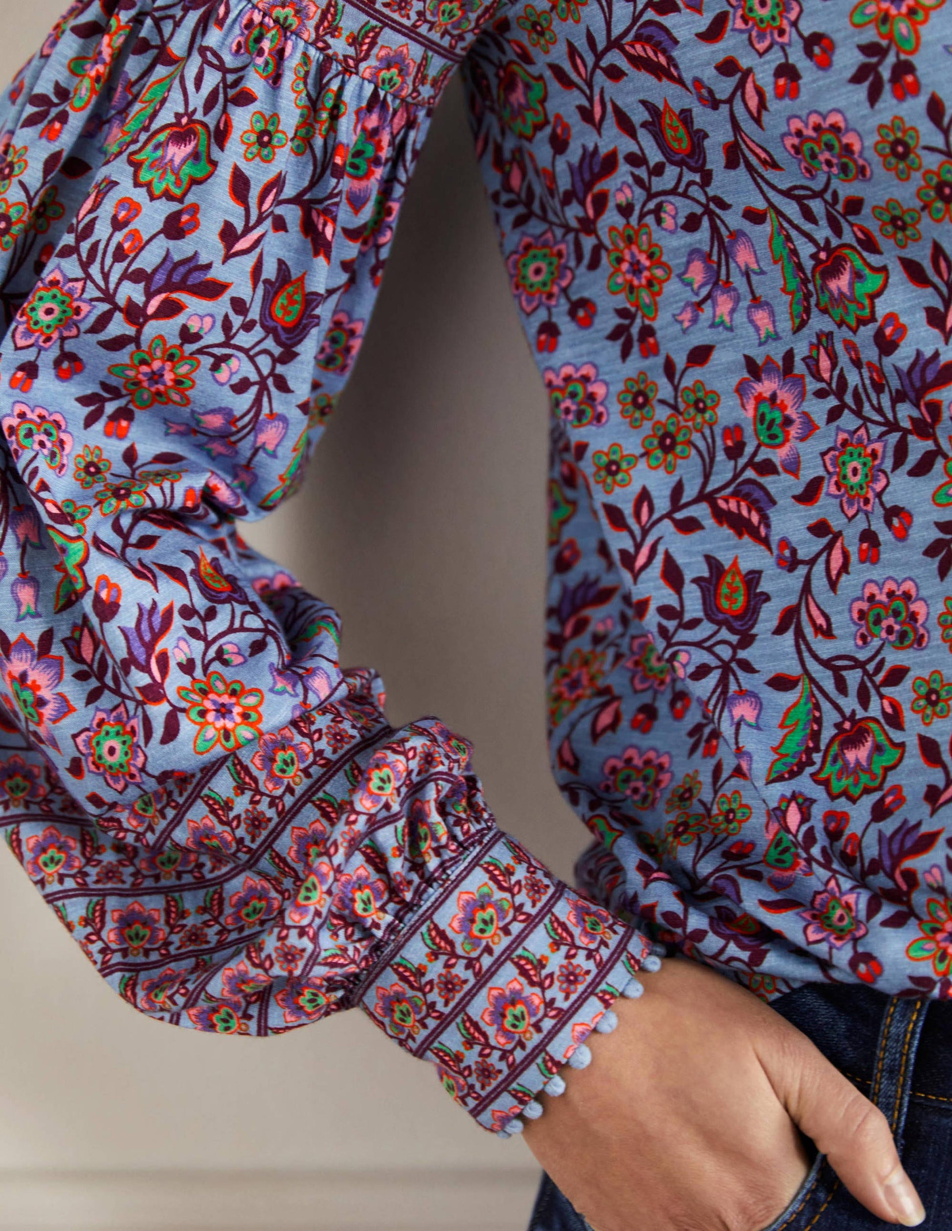 Printed Detail Jersey Shirt-Dusty Blue, Oriental Meadow-2