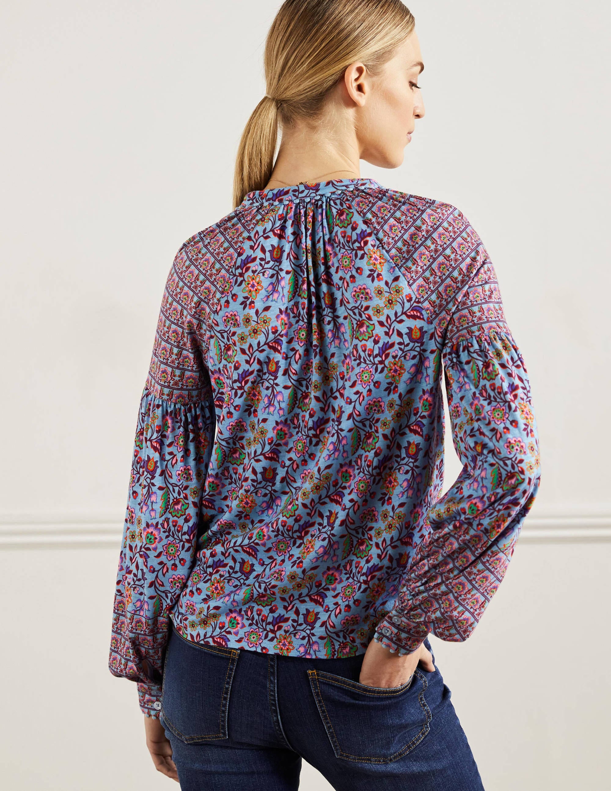 Printed Detail Jersey Shirt-Dusty Blue, Oriental Meadow - Image 3