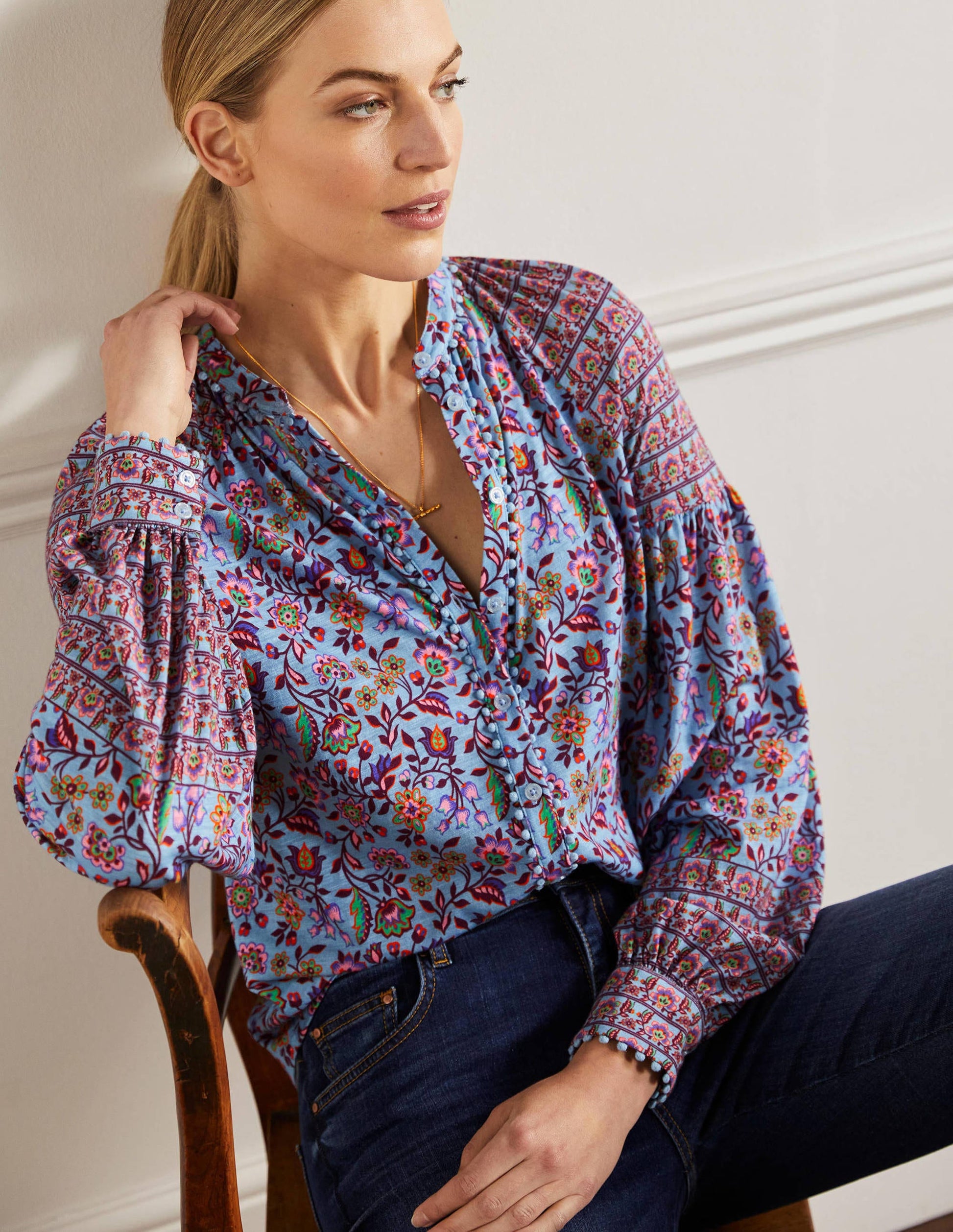 Printed Detail Jersey Shirt-Dusty Blue, Oriental Meadow-4