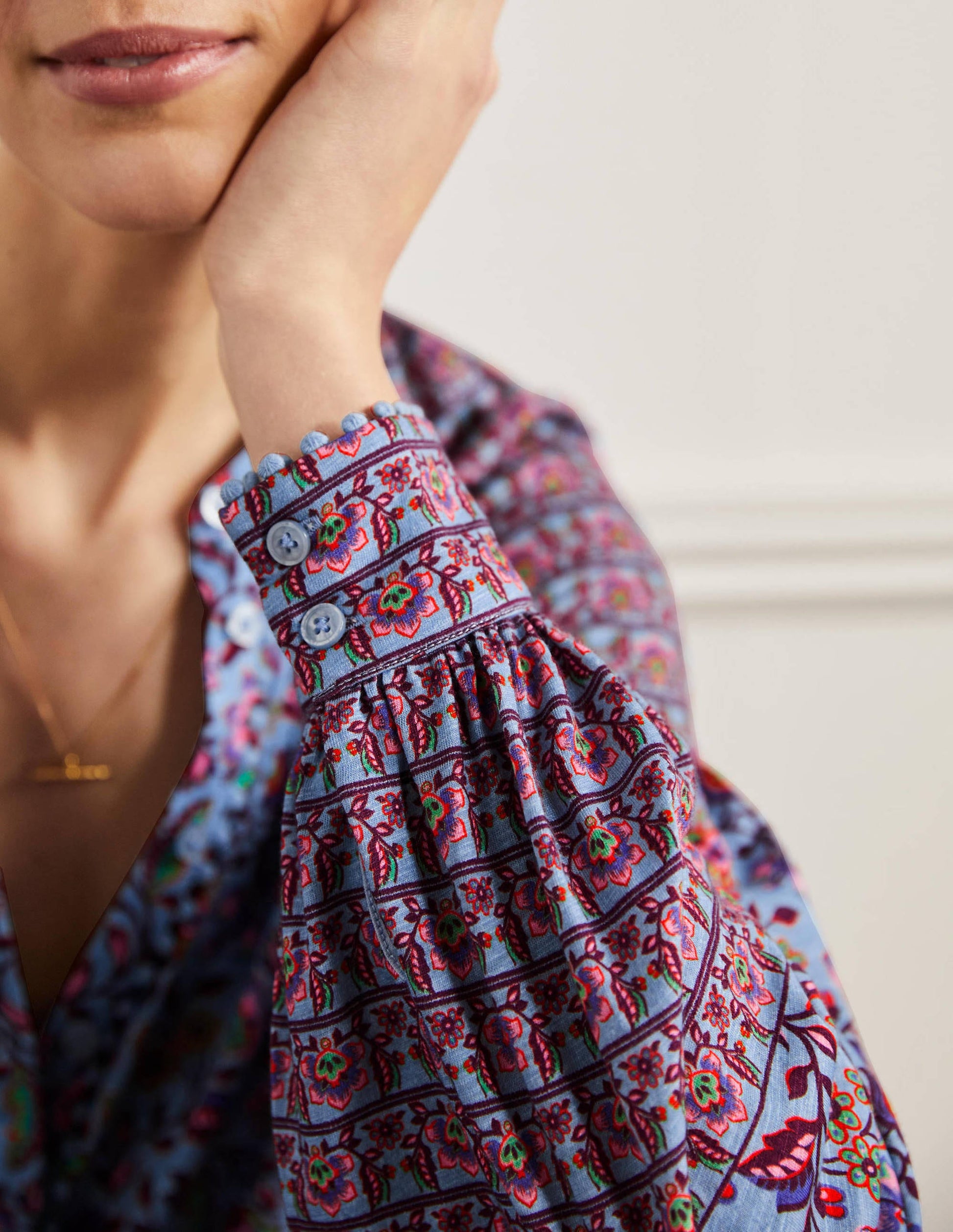 Printed Detail Jersey Shirt-Dusty Blue, Oriental Meadow-5