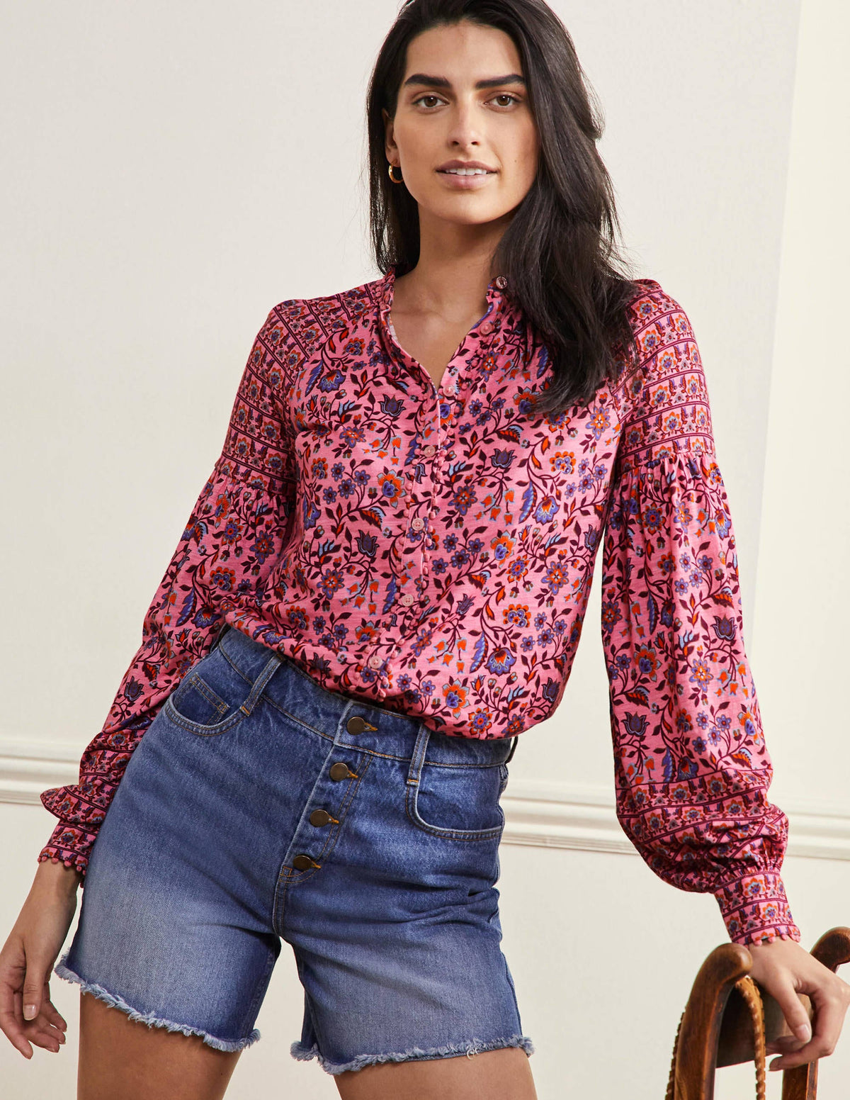 Printed Detail Jersey Shirt-Formica Pink, Oriental Meadow-1
