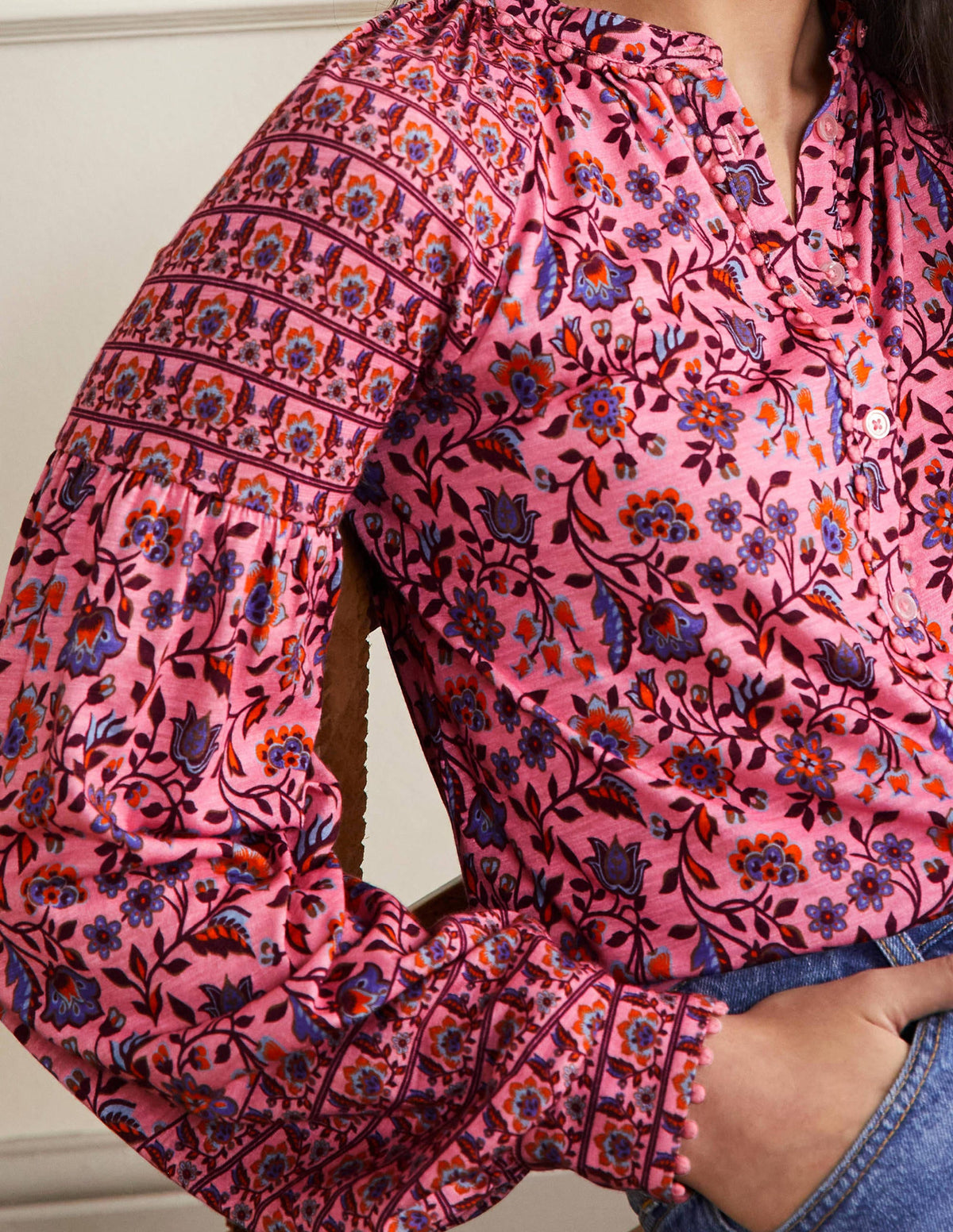 Printed Detail Jersey Shirt-Formica Pink, Oriental Meadow-2