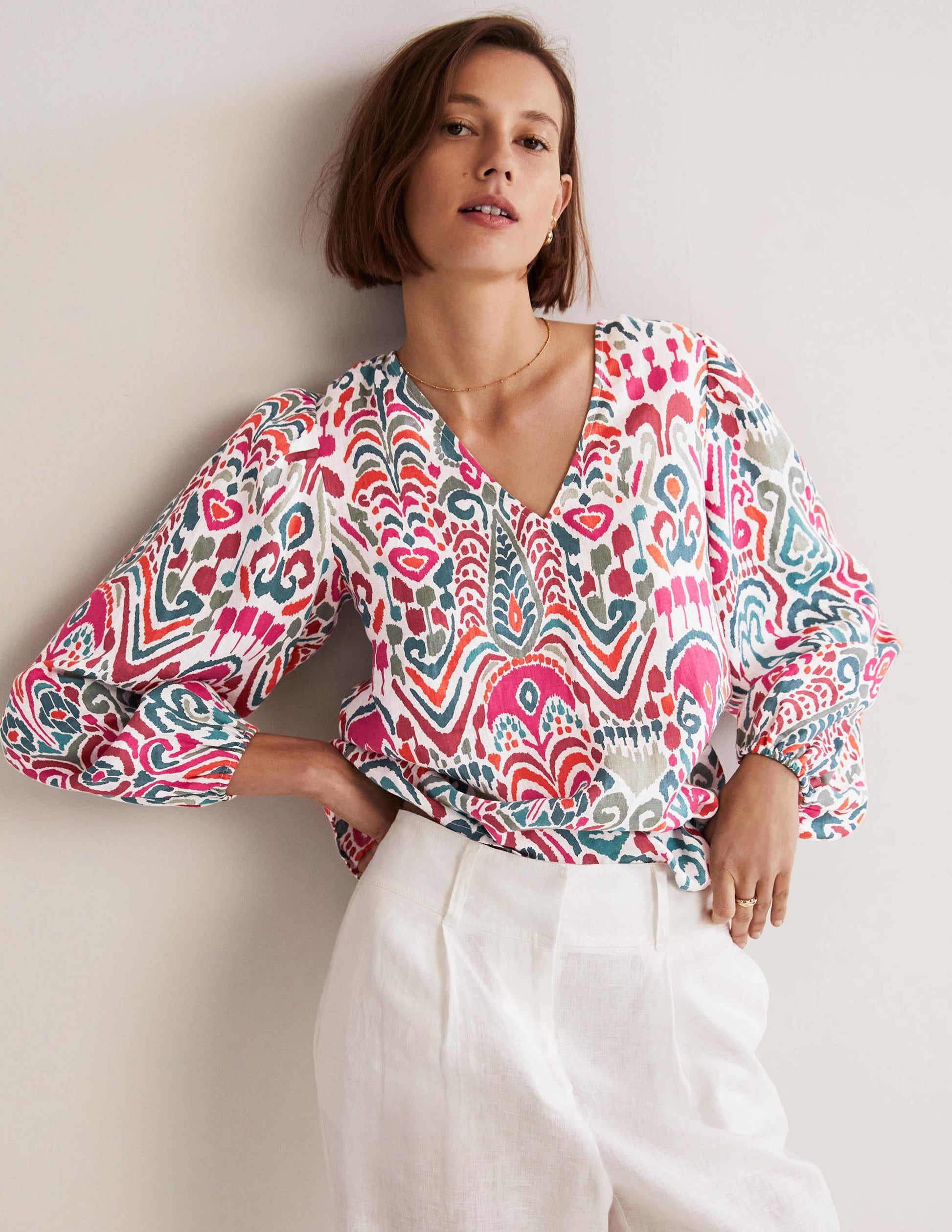 V-Neck Linen Top-Multi, Ikat Charm-1