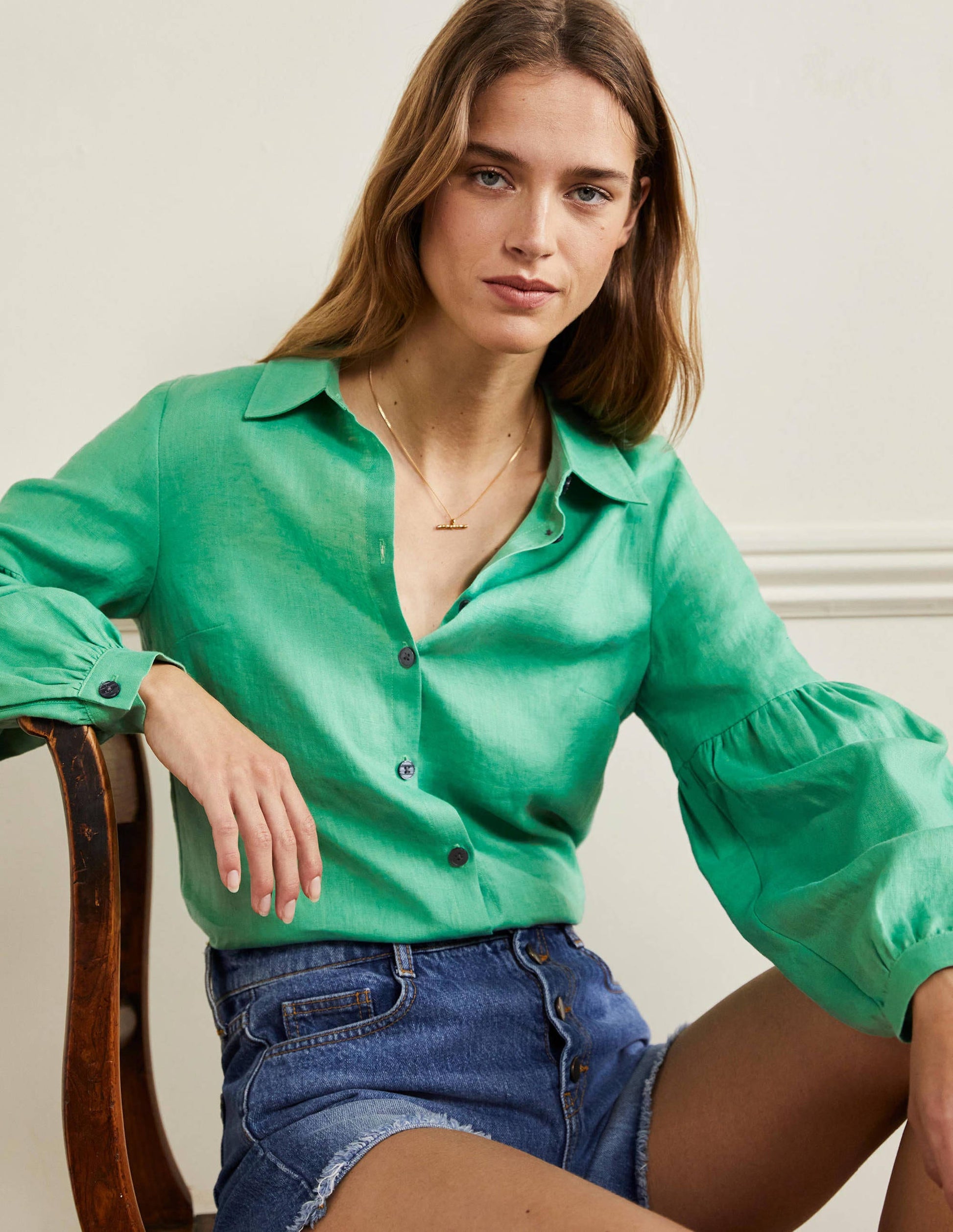 Anna Blouson Linen Shirt-Green Lagoon-1