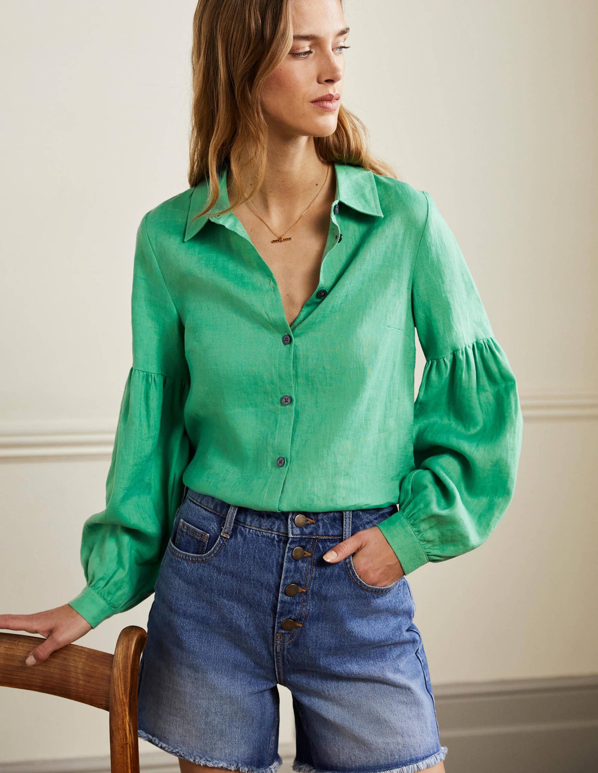 Anna Blouson Linen Shirt-Green Lagoon-4