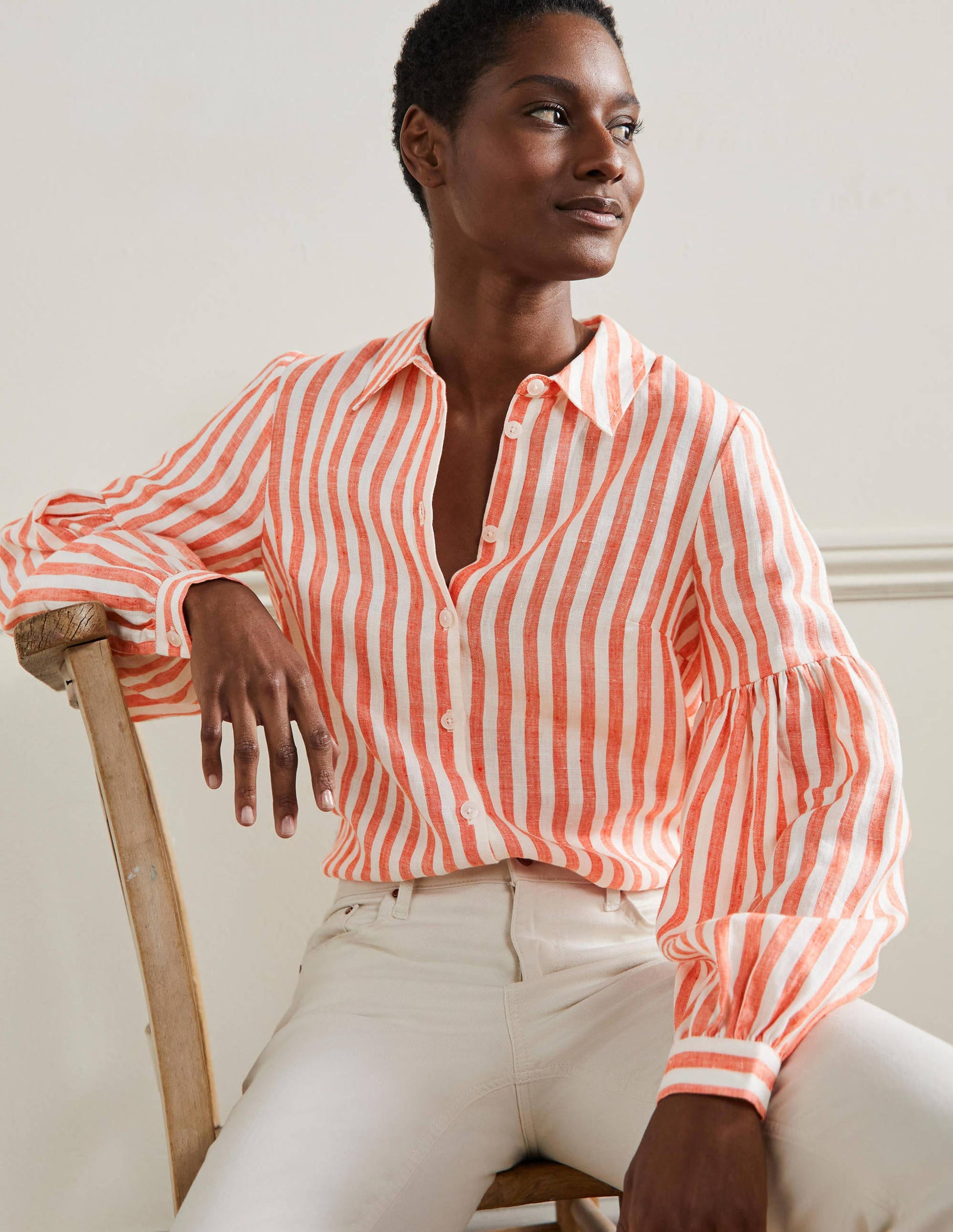 Anna Blouson Linen Shirt-Papaya/Ivory Stripe-1