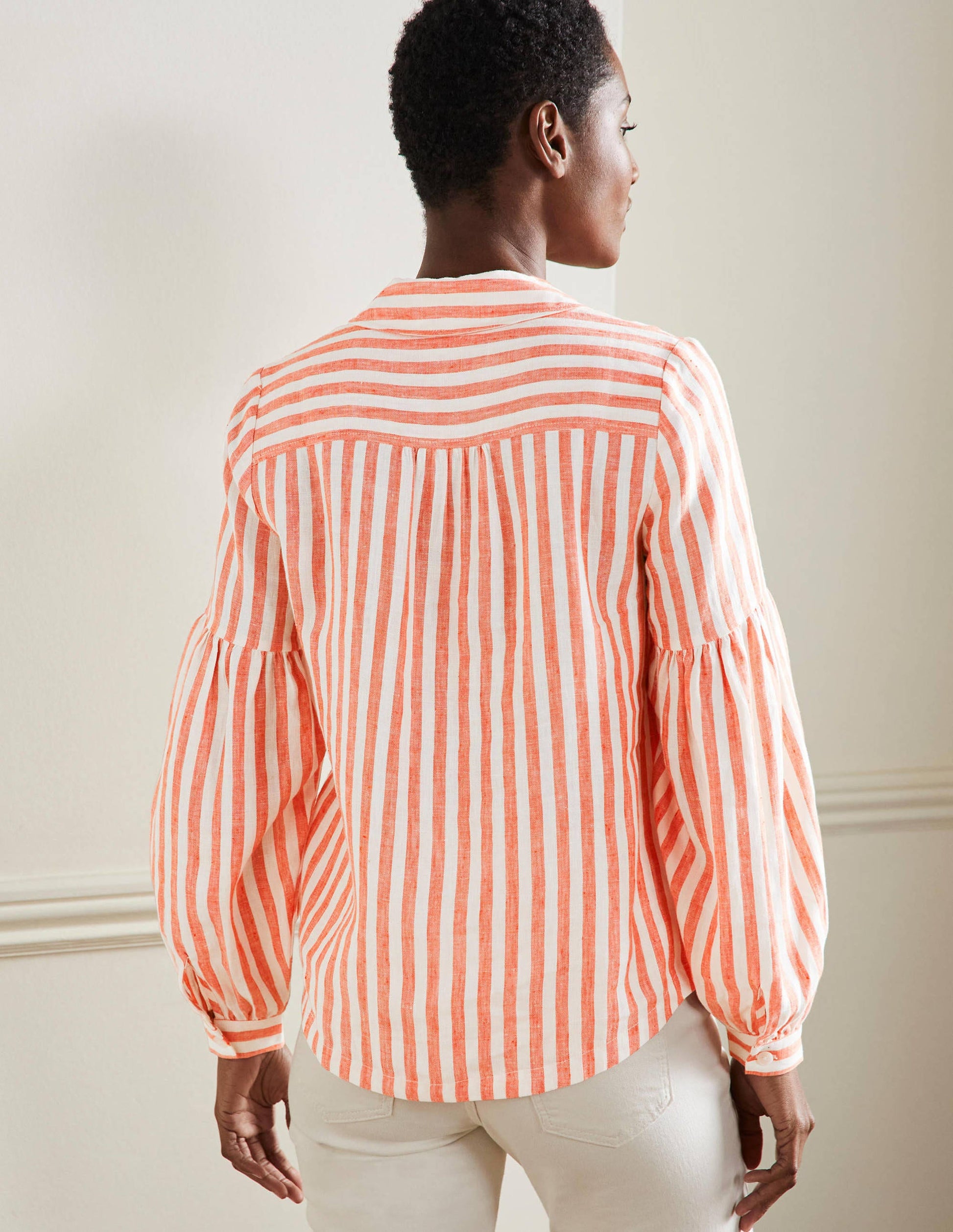 Anna Blouson Linen Shirt-Papaya/Ivory Stripe-3