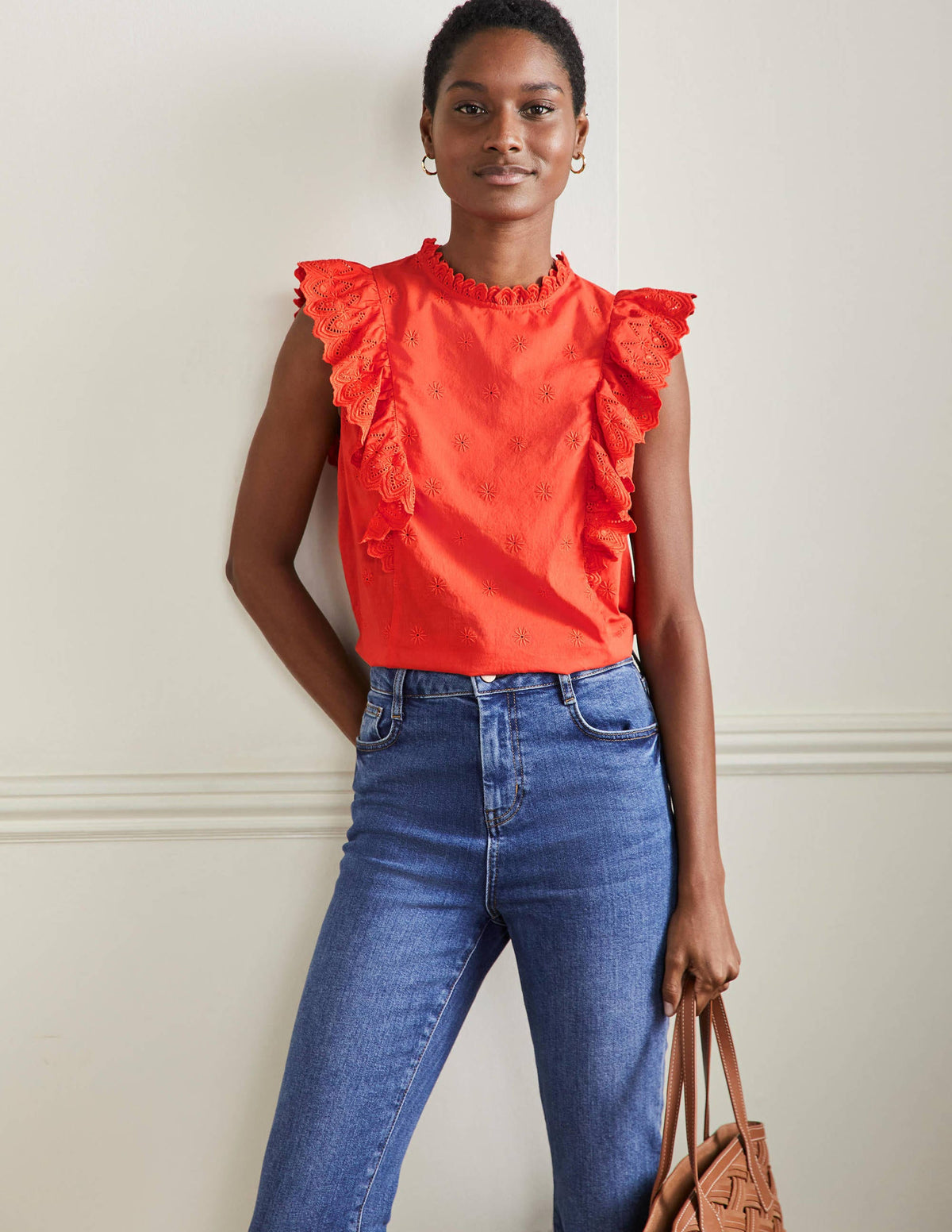 Nina Sleeveless Broderie Top-Bright Papaya - Image 4