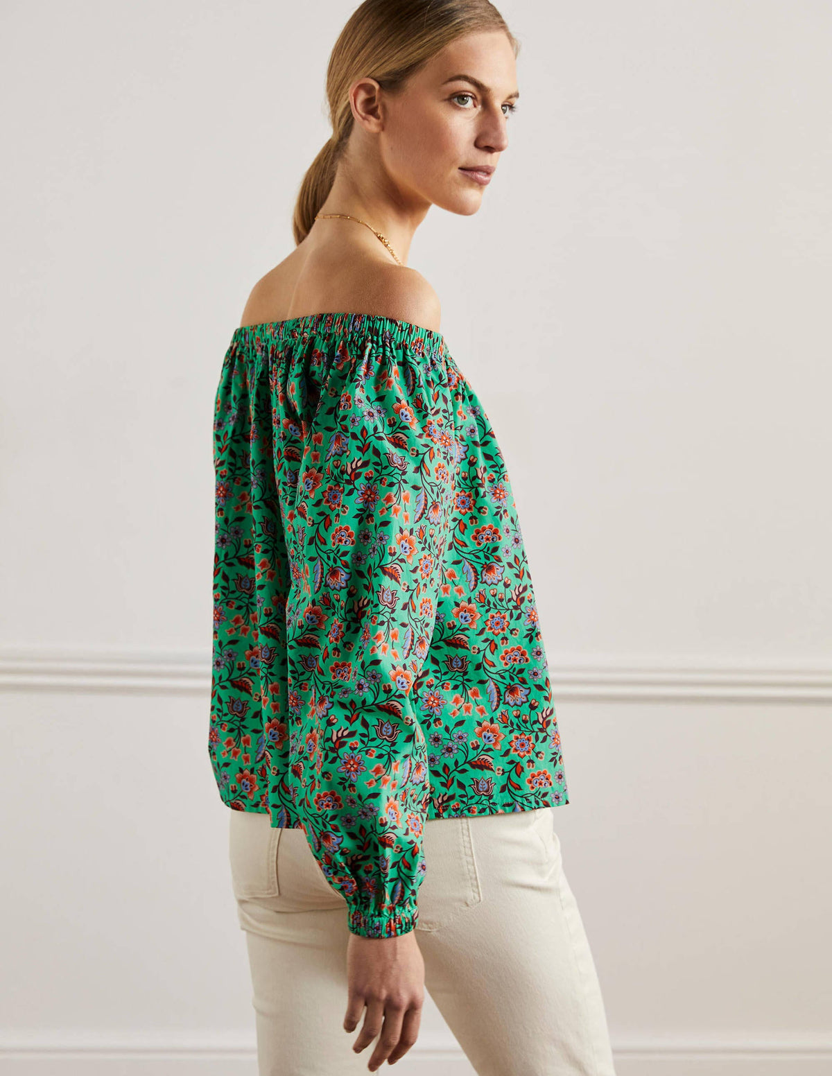 Melanie Off-Shoulder Top-Green Lagoon, Oriental Meadow - Image 3
