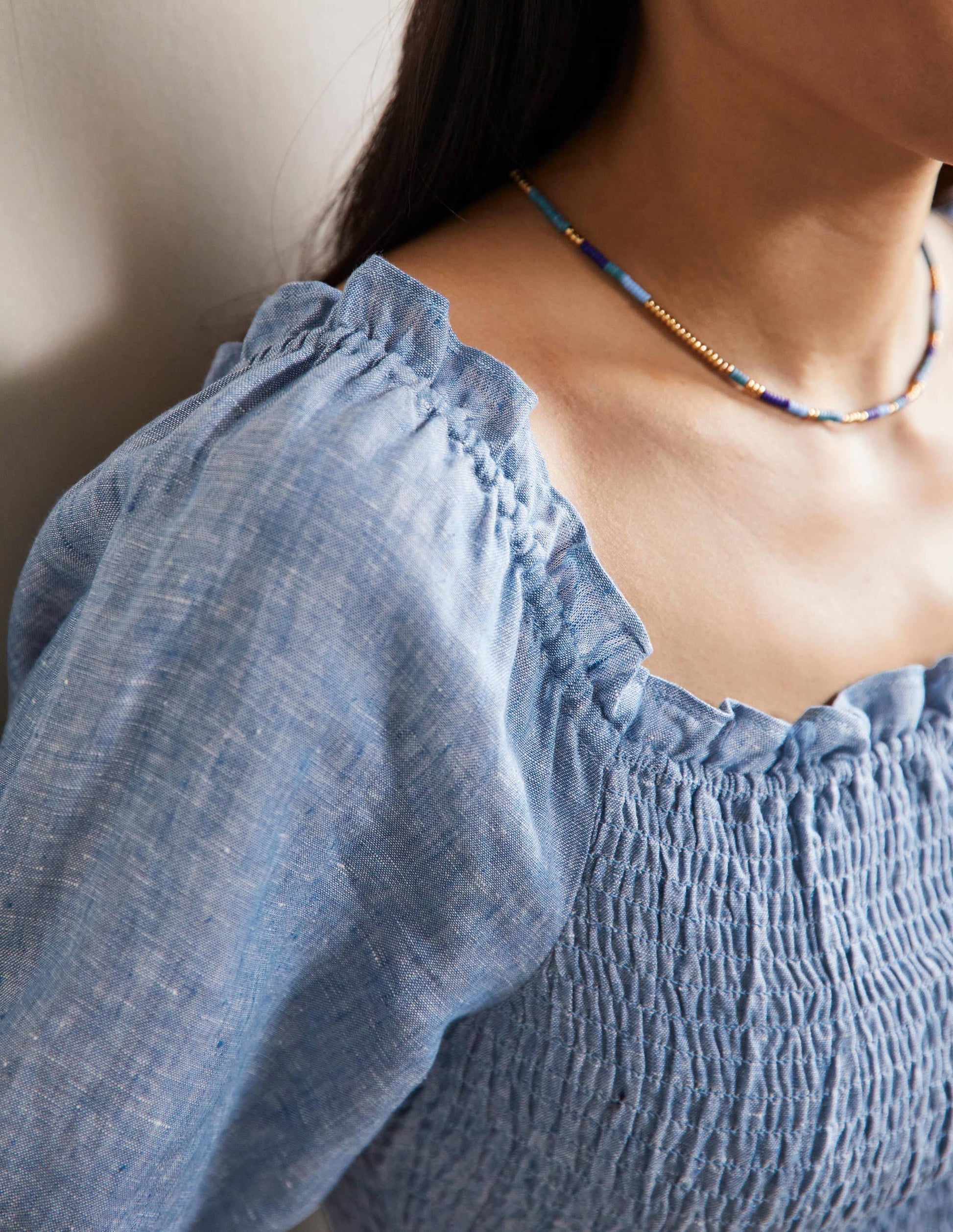 Carrie Smocked Linen Top-Chambray-2
