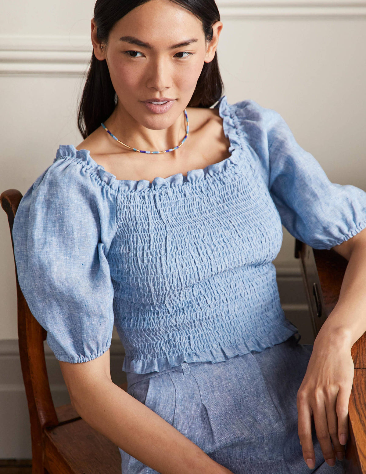 Carrie Smocked Linen Top-Chambray-4